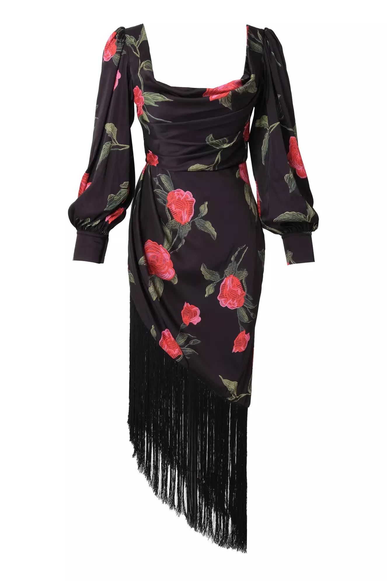 Printed satin long sleeve long dress