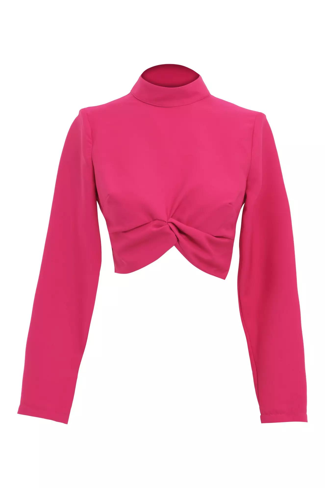 Fuchsia crepe long sleeve crop top