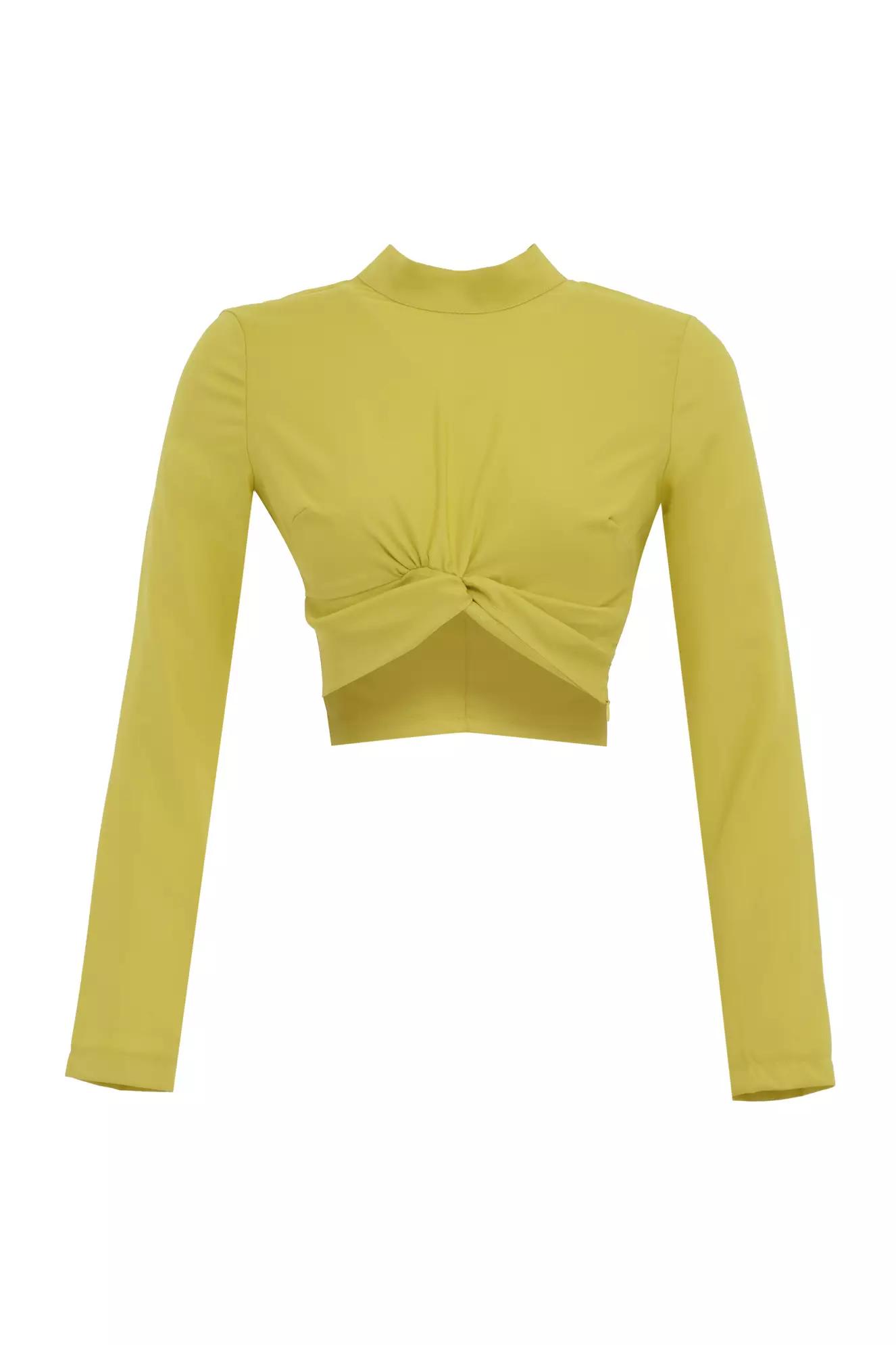 Pistachio green crepe long sleeve crop top