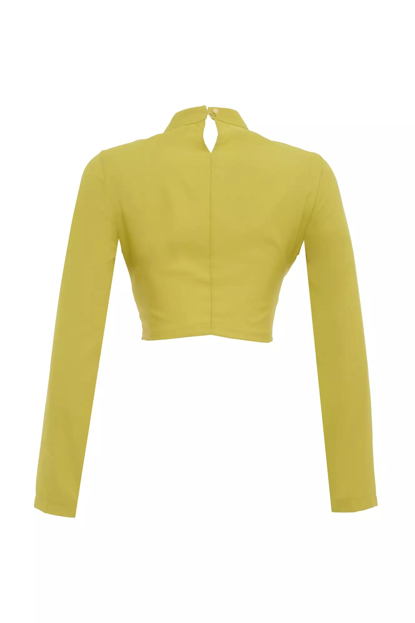 Pistachio green crepe long sleeve crop top