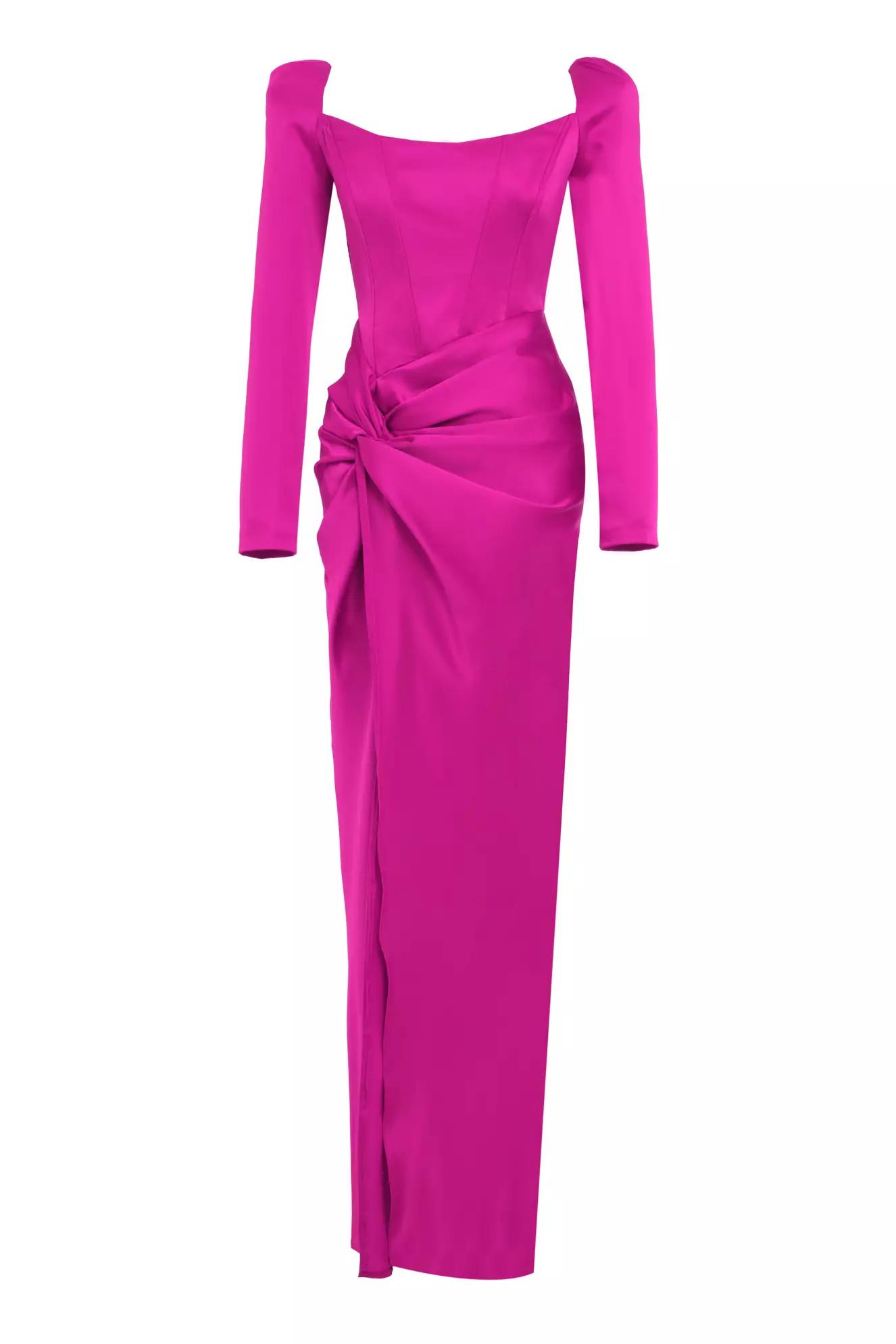 Fuchsia satin long sleeve long dress