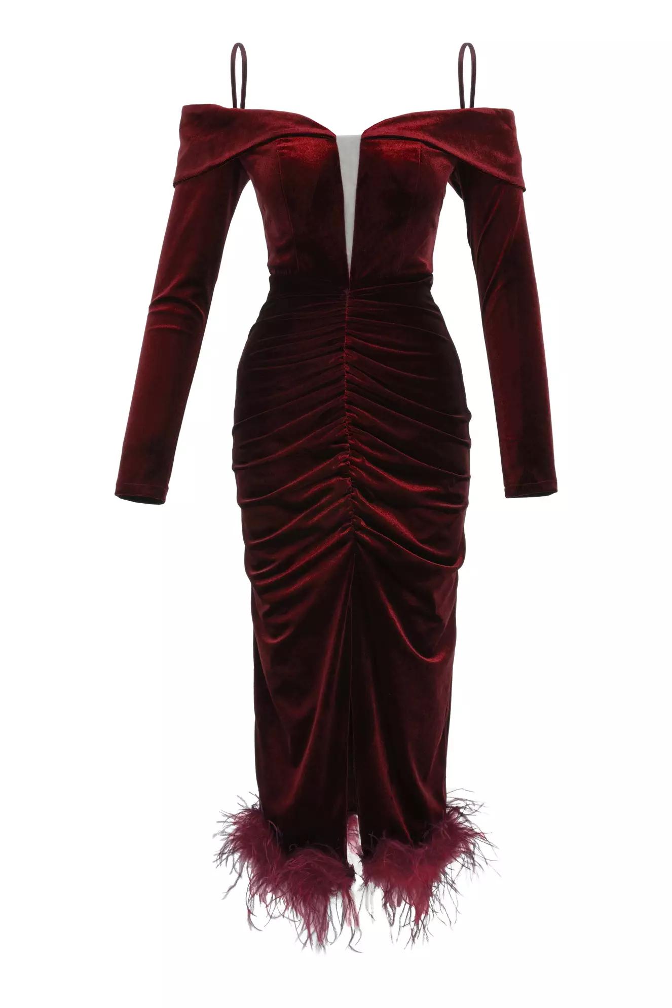 Maroon velvet long sleeve long dress