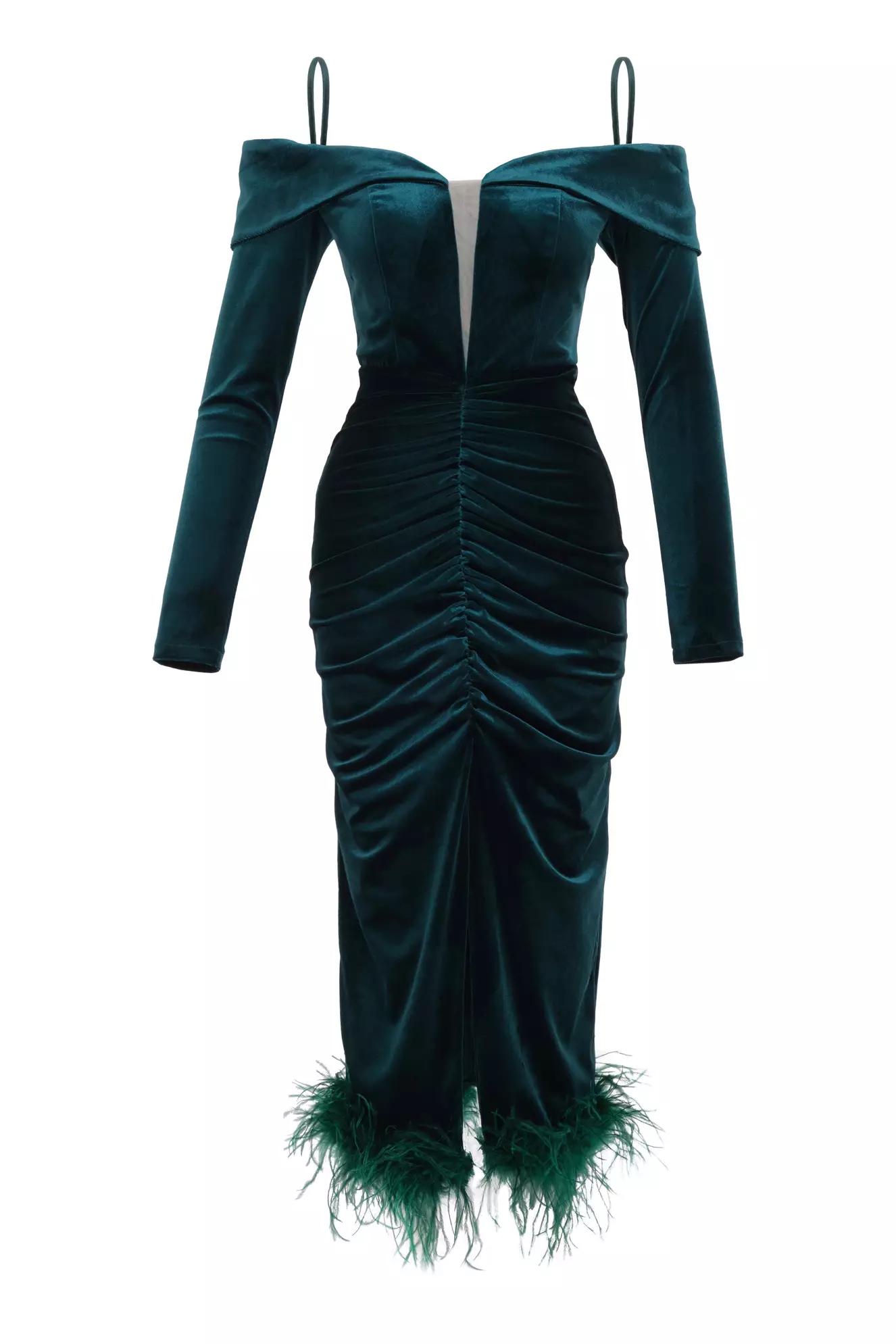 Green velvet long sleeve long dress