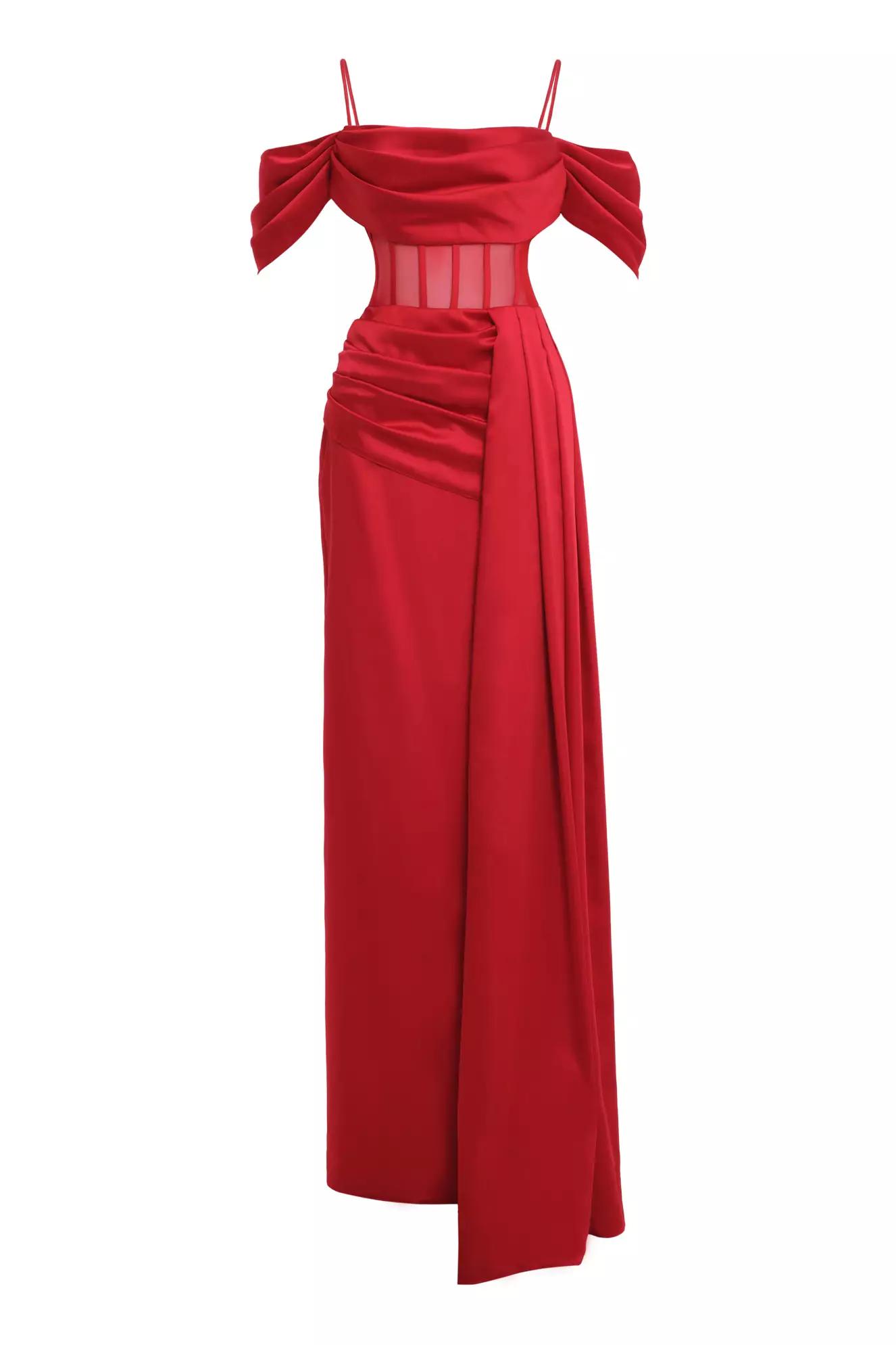 Red satin sleeveless long dress