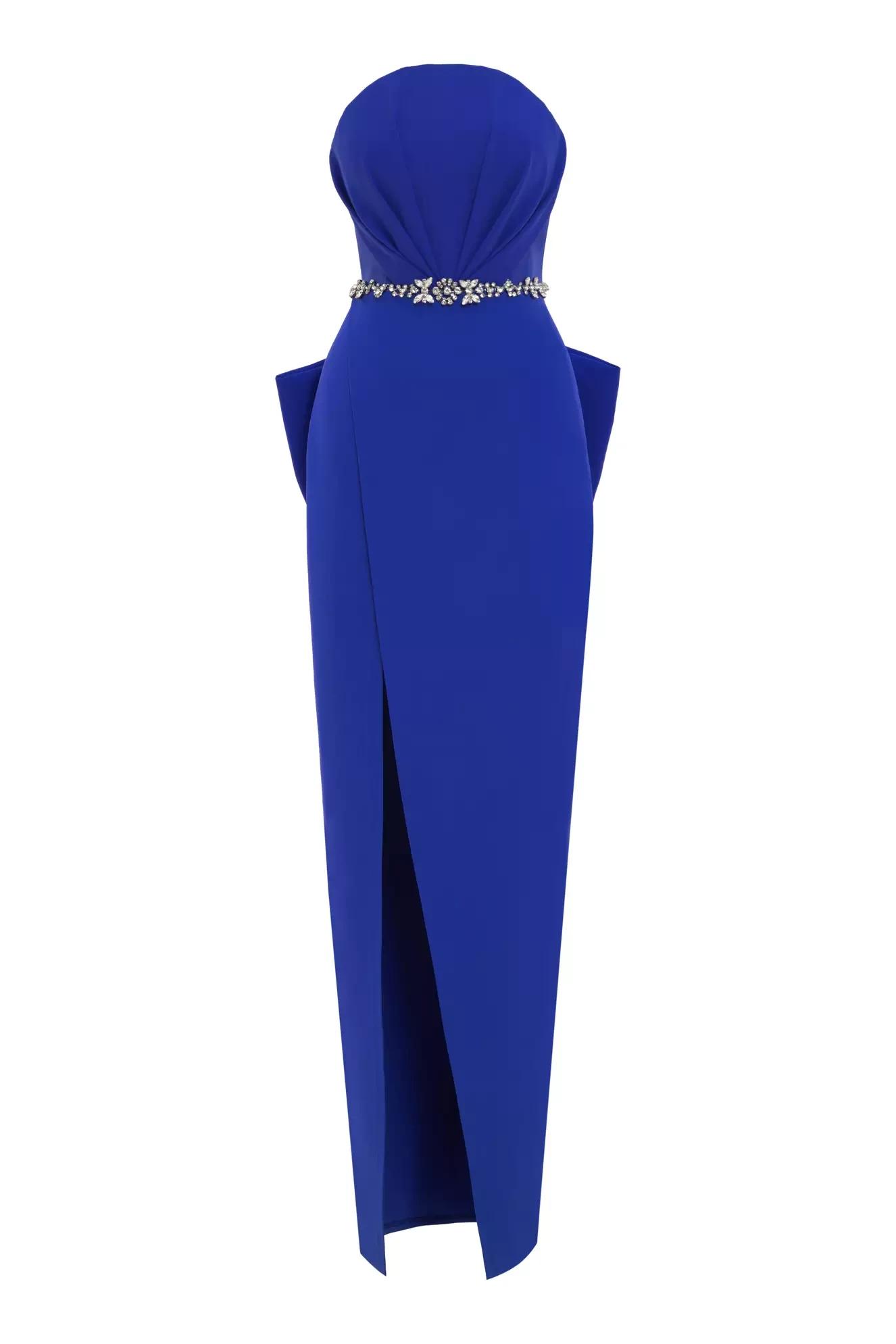 Blue crepe sleeveless long dress