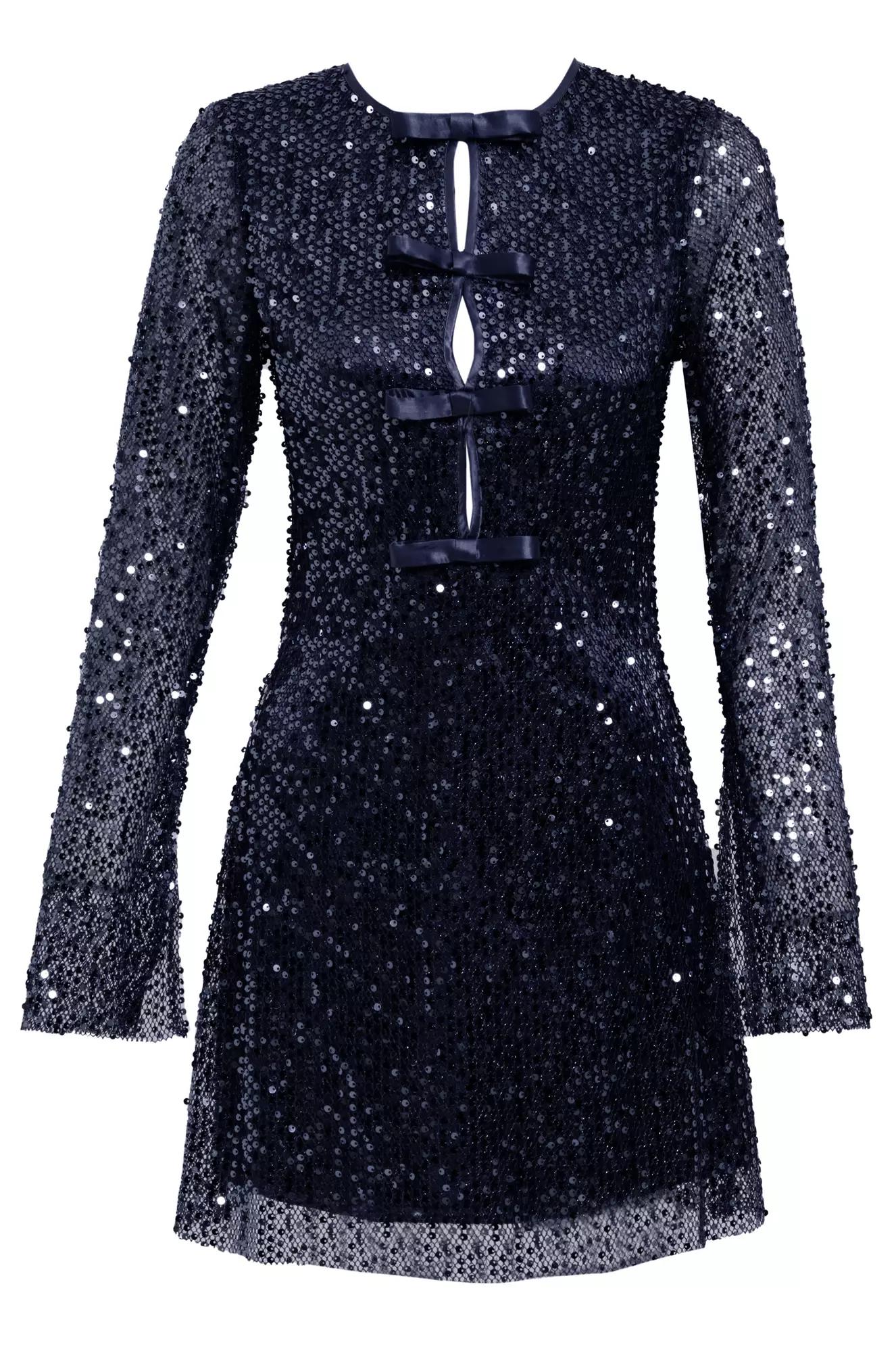 Navy blue sequin long sleeve mini dress