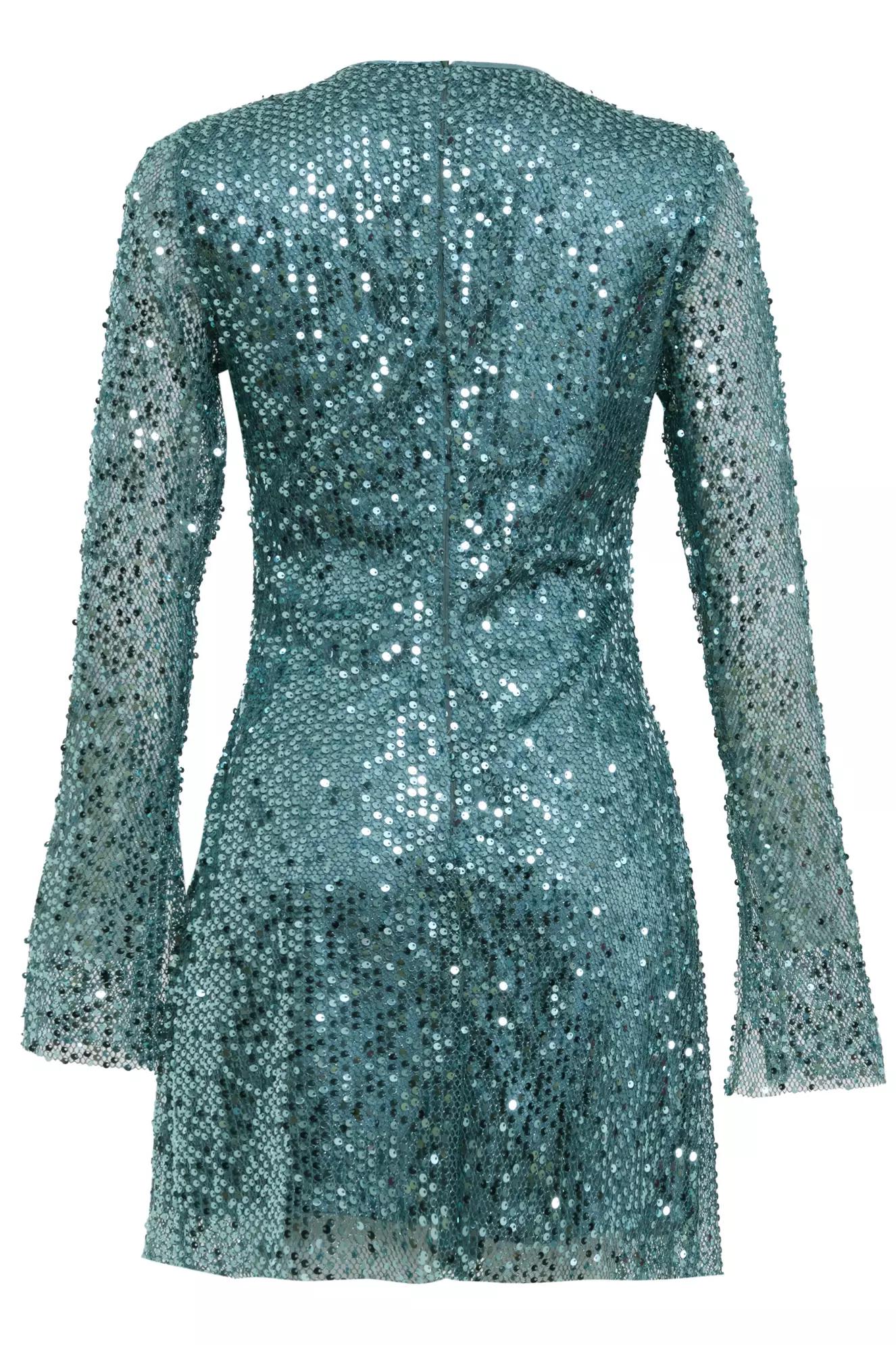 Water green sequin long sleeve mini dress