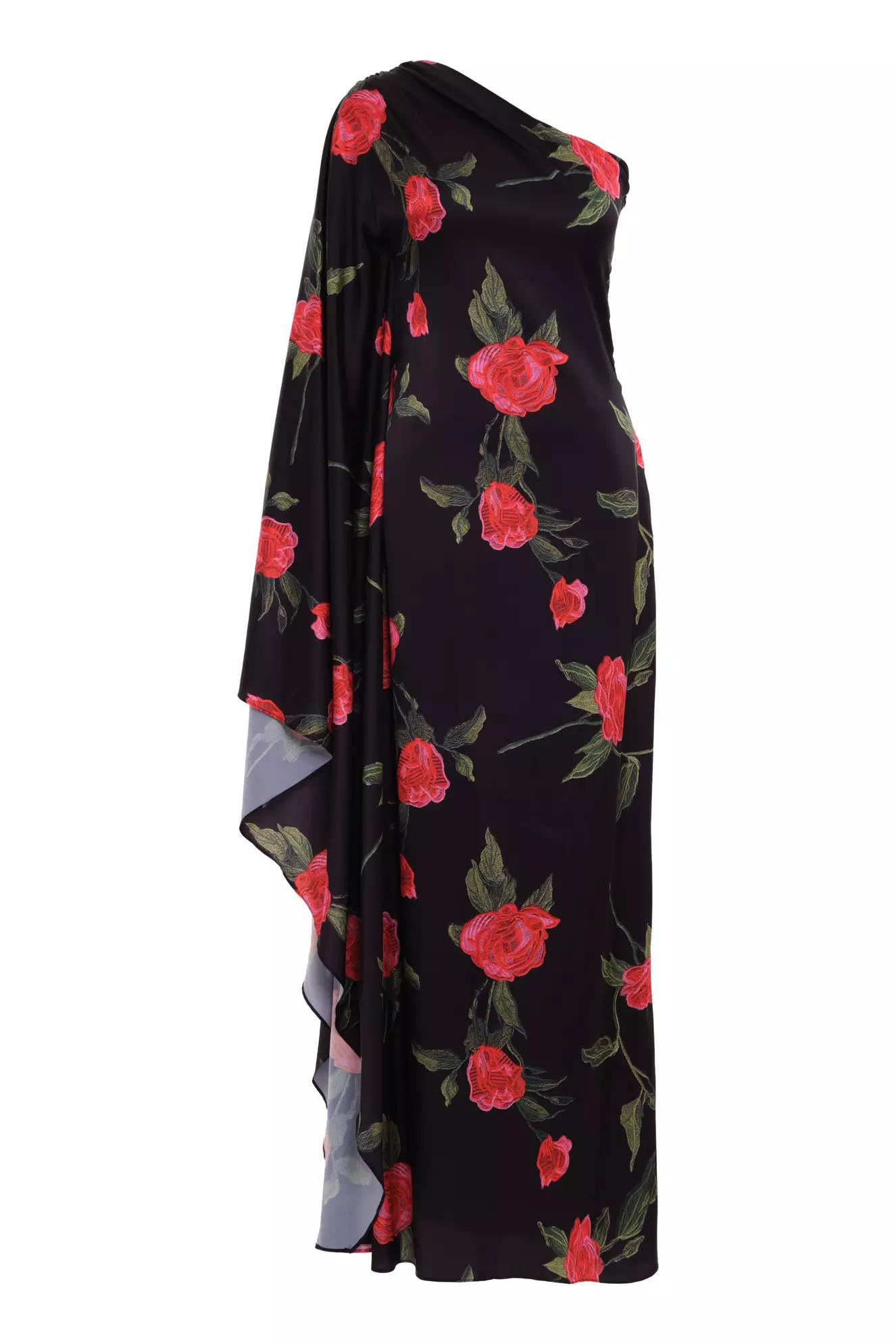 Printed satin one arm long dress