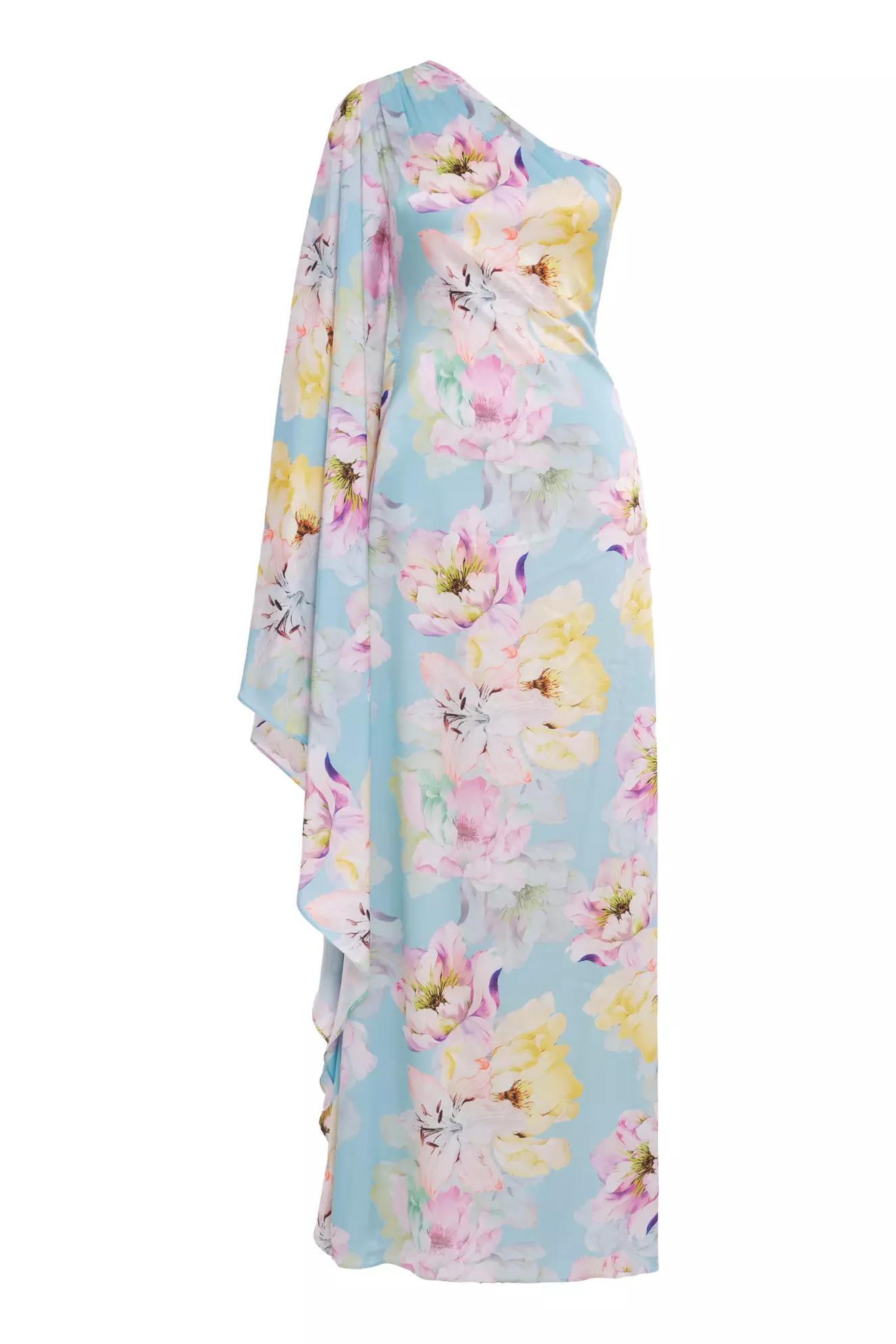 Printed satin one arm long dress