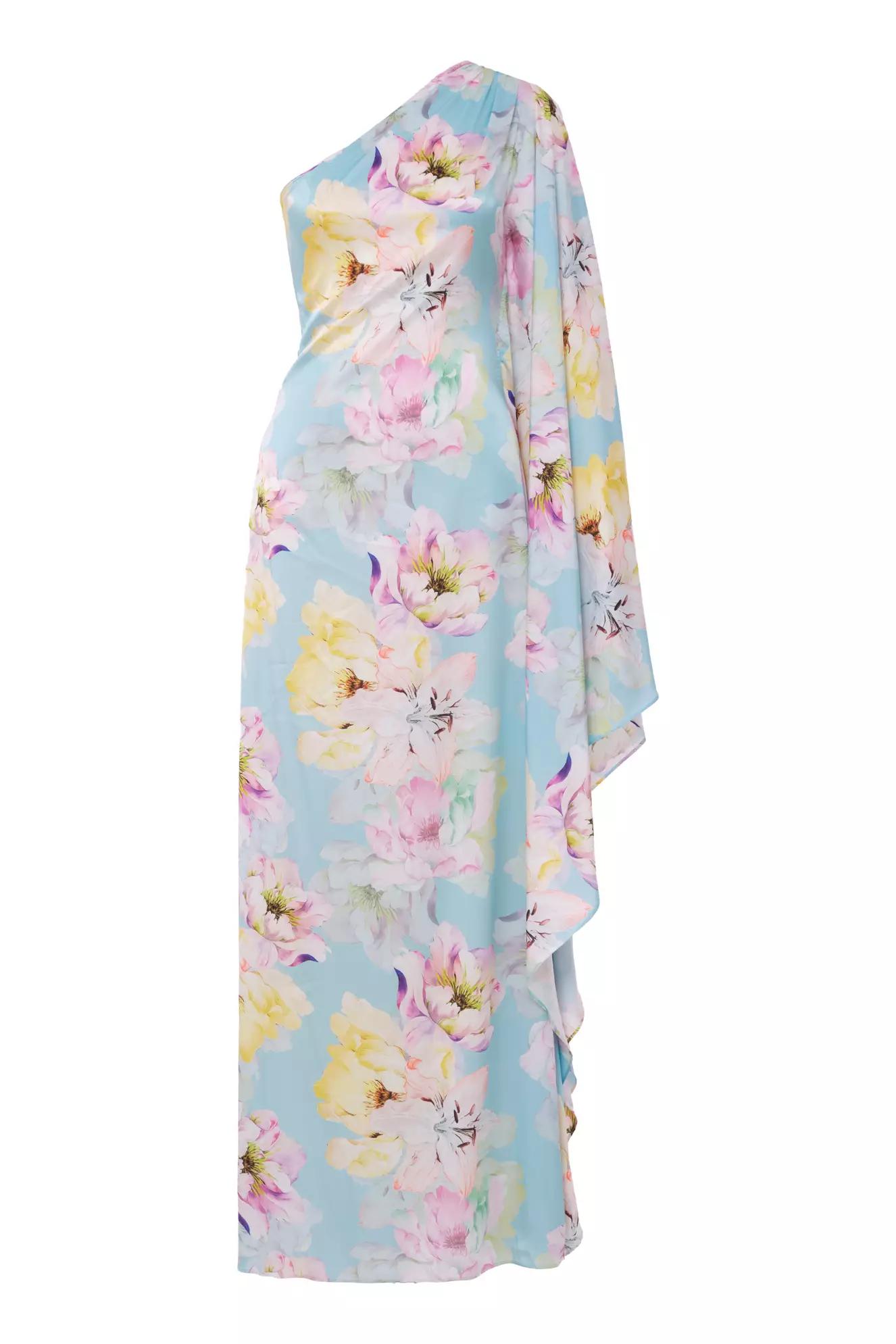 Printed satin one arm long dress