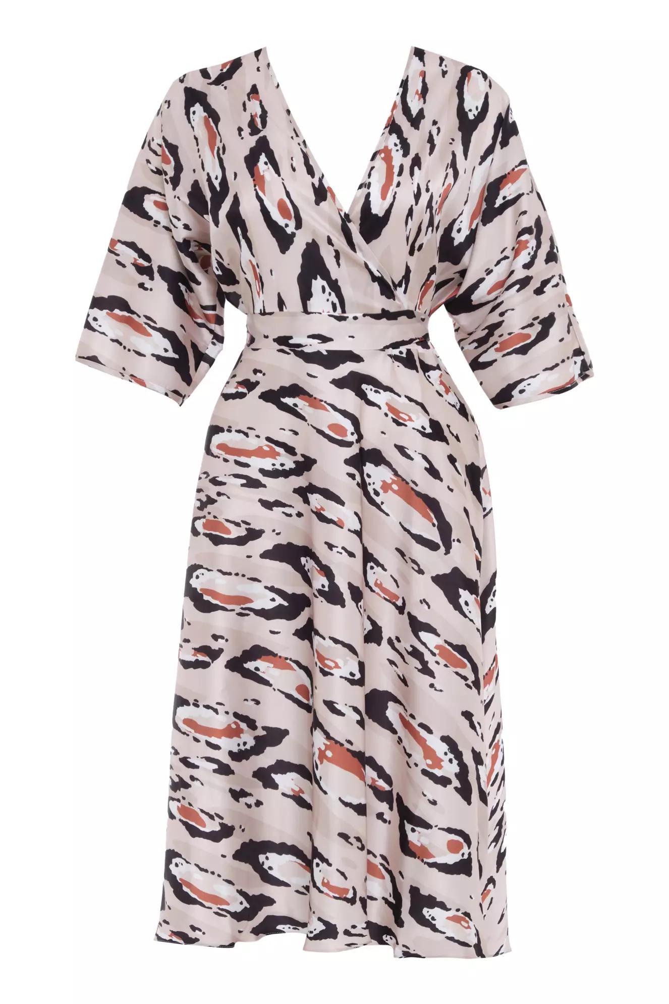 Printed satin kapri kol long dress