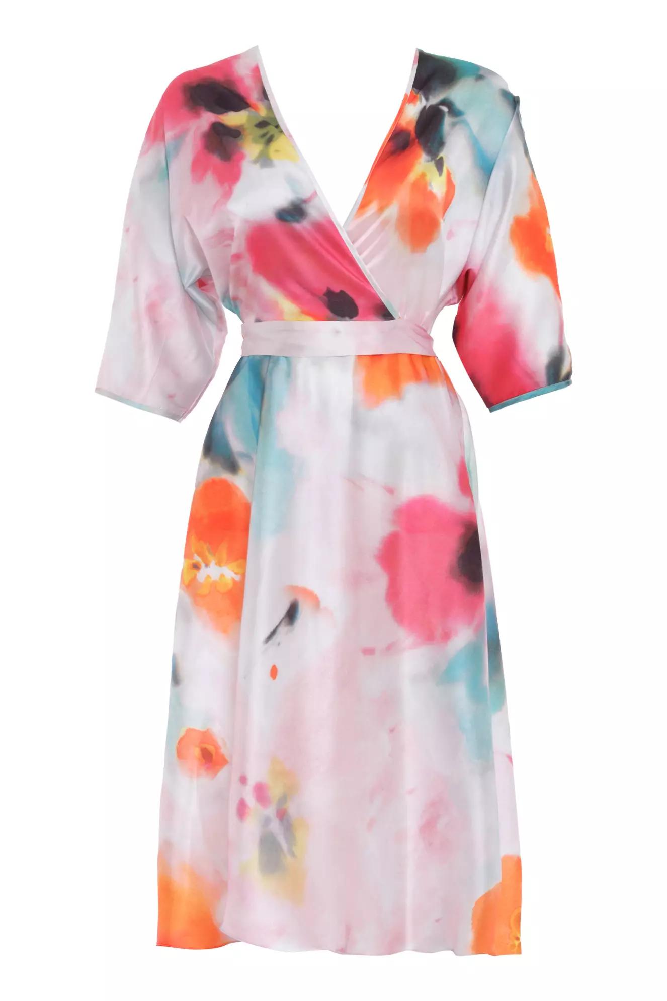 Printed satin kapri kol long dress