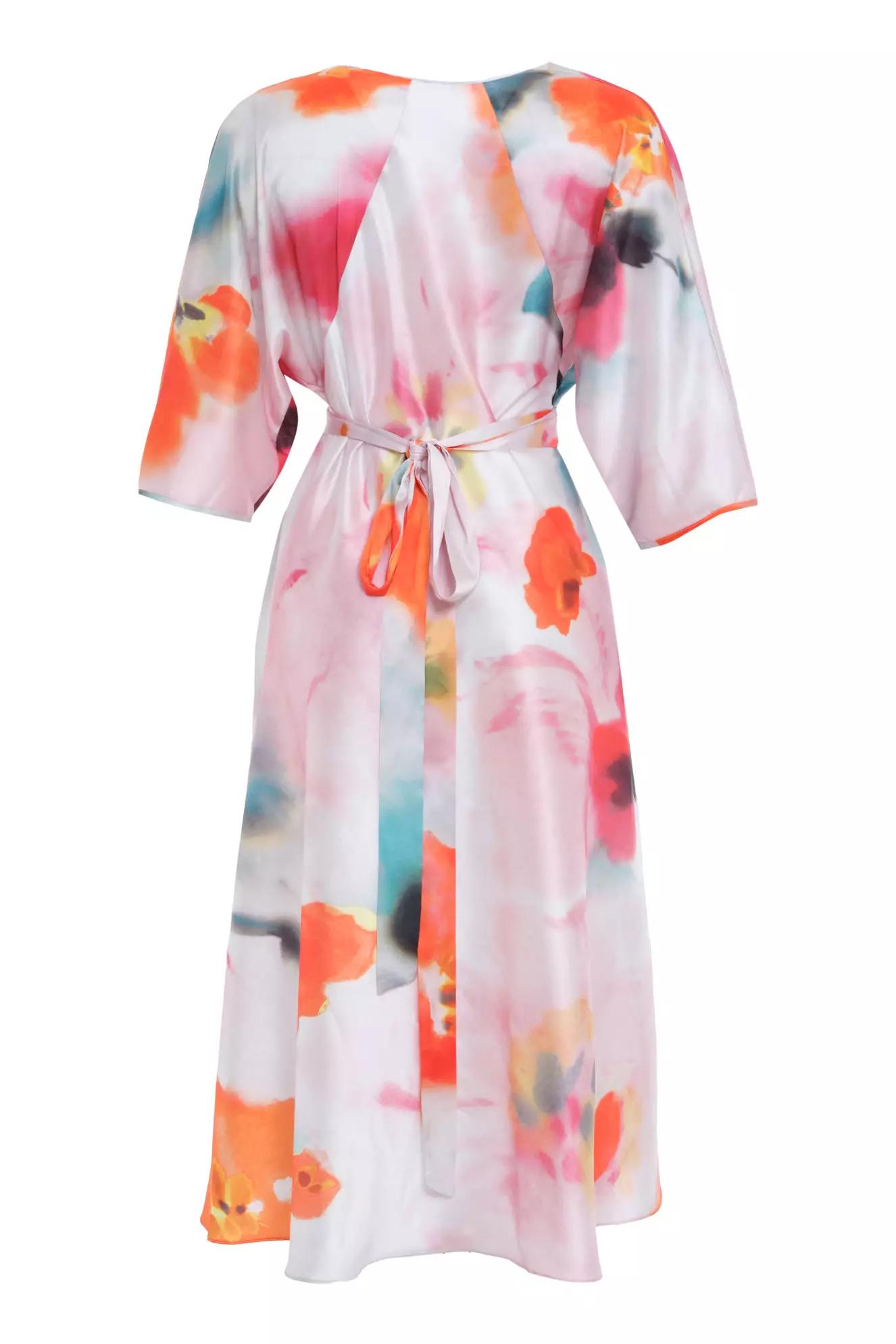 Printed satin kapri kol long dress