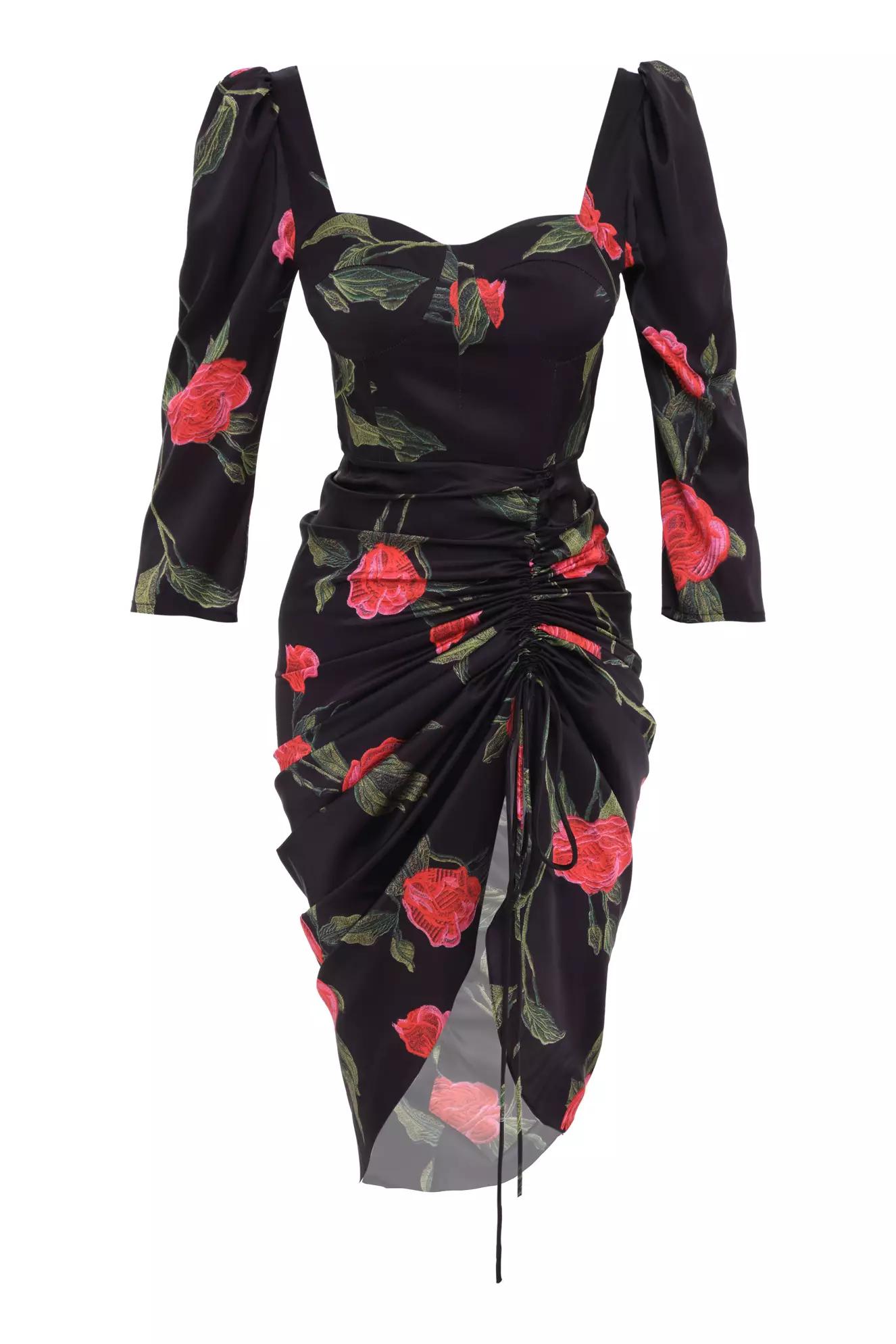 Printed satin long sleeve midi dress