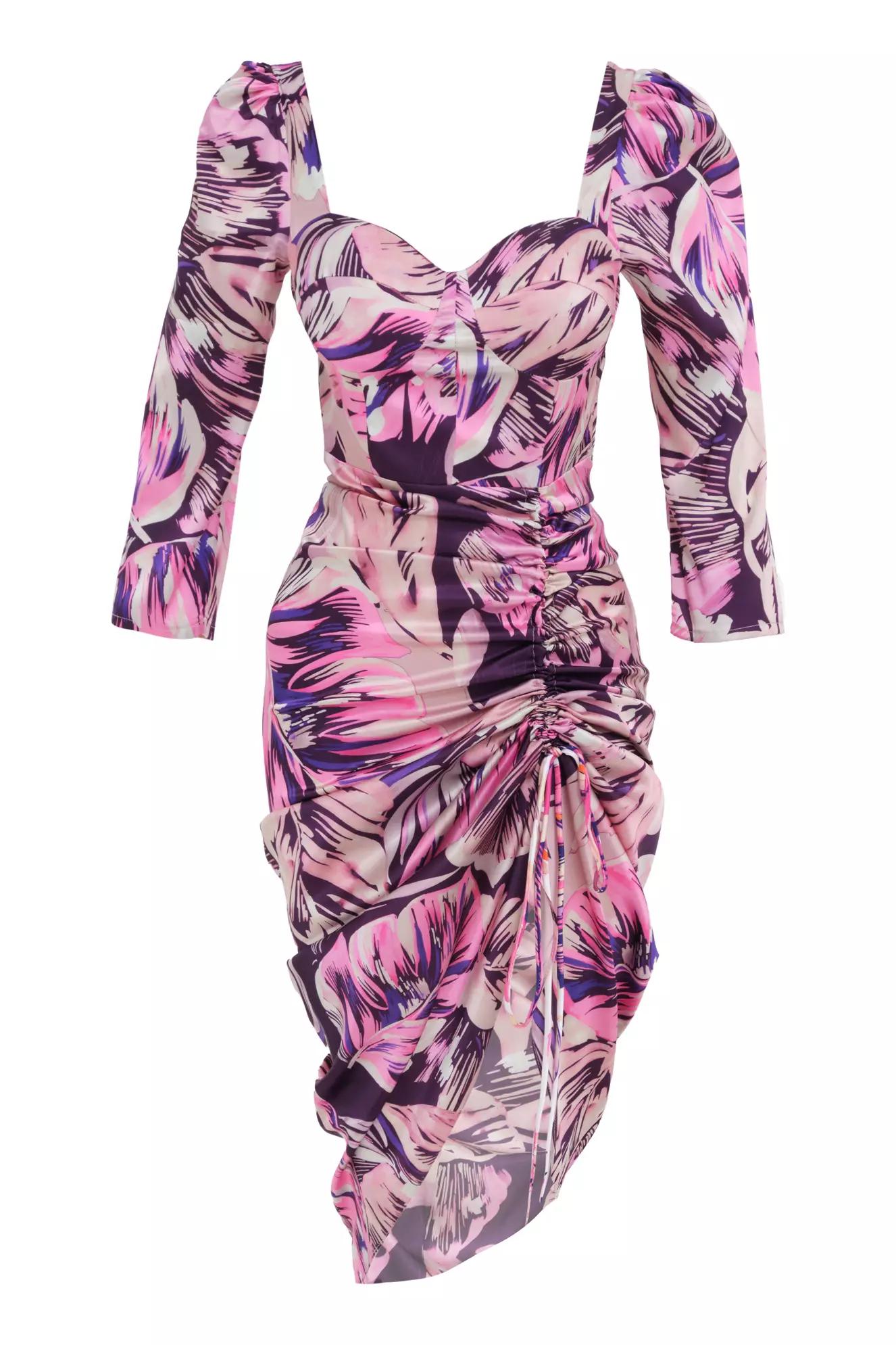 Printed satin long sleeve midi dress