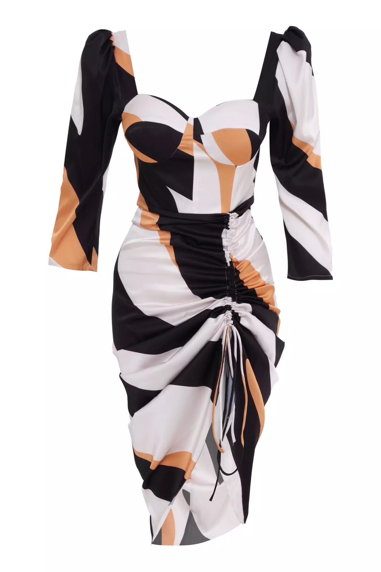 Printed satin long sleeve midi dress