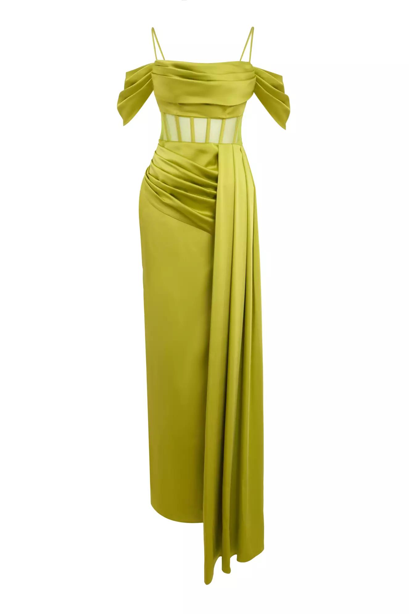 Pistachio green satin sleeveless long dress