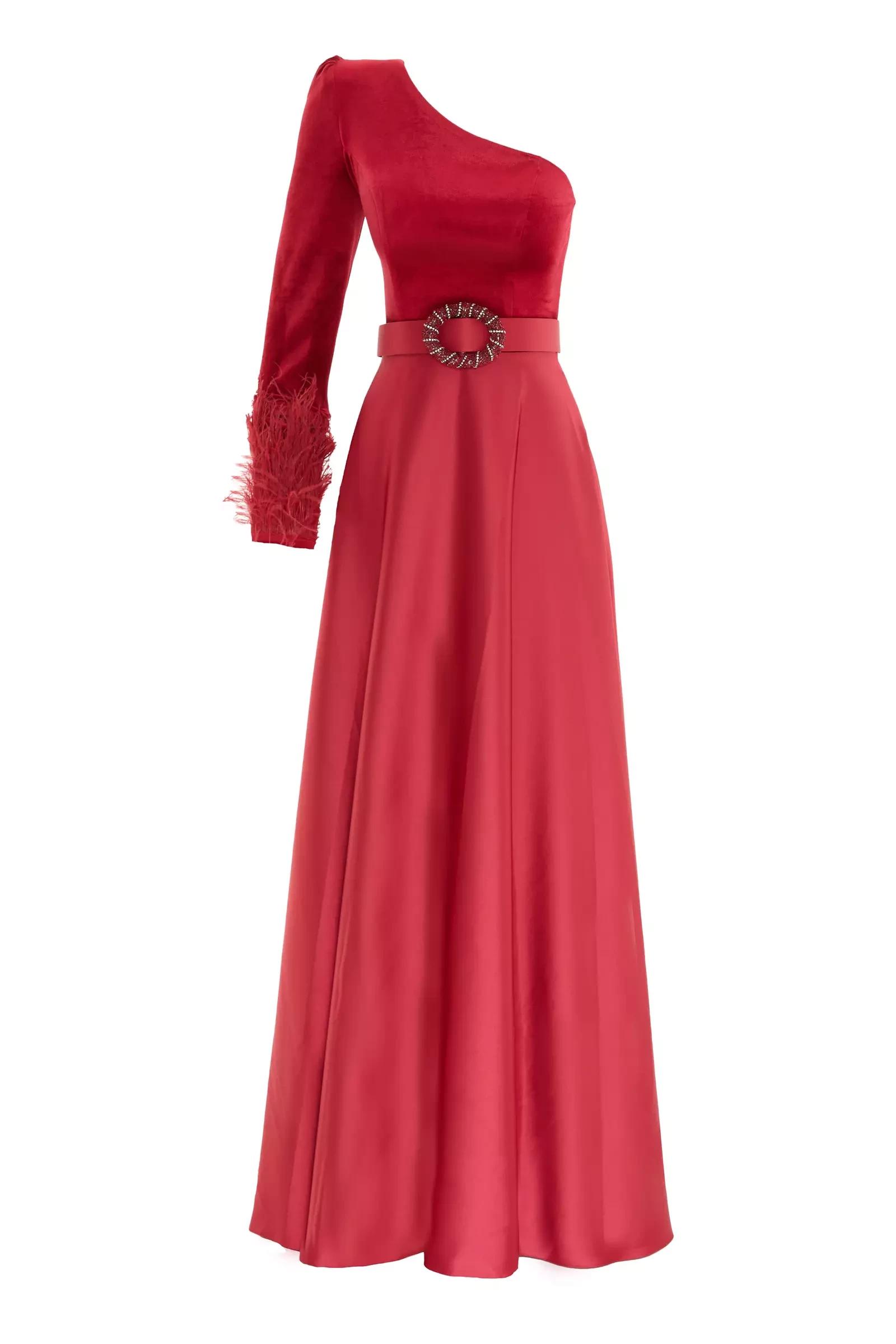 Red velvet one arm maxi dress