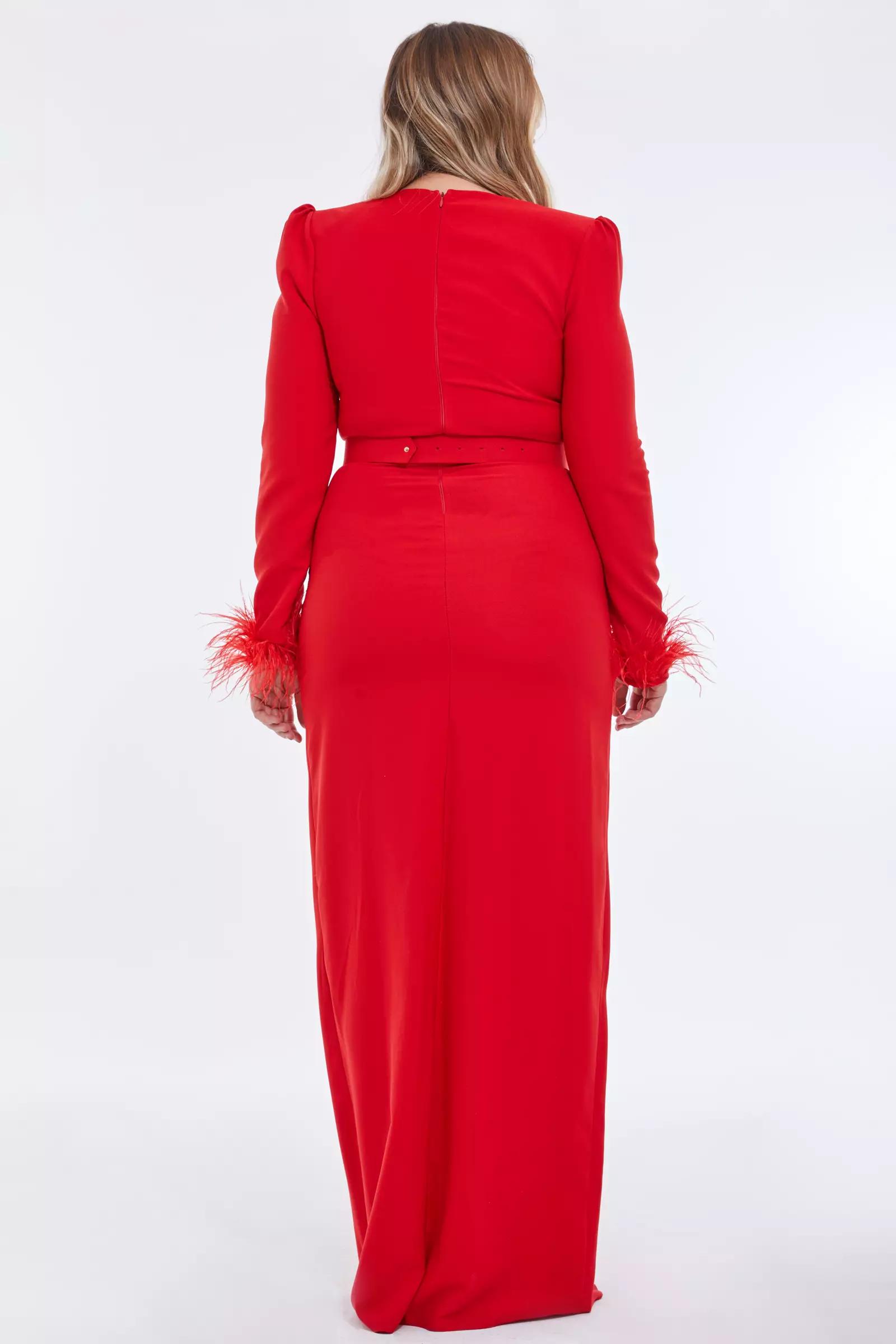 Red plus size crepe long sleeve maxi dress