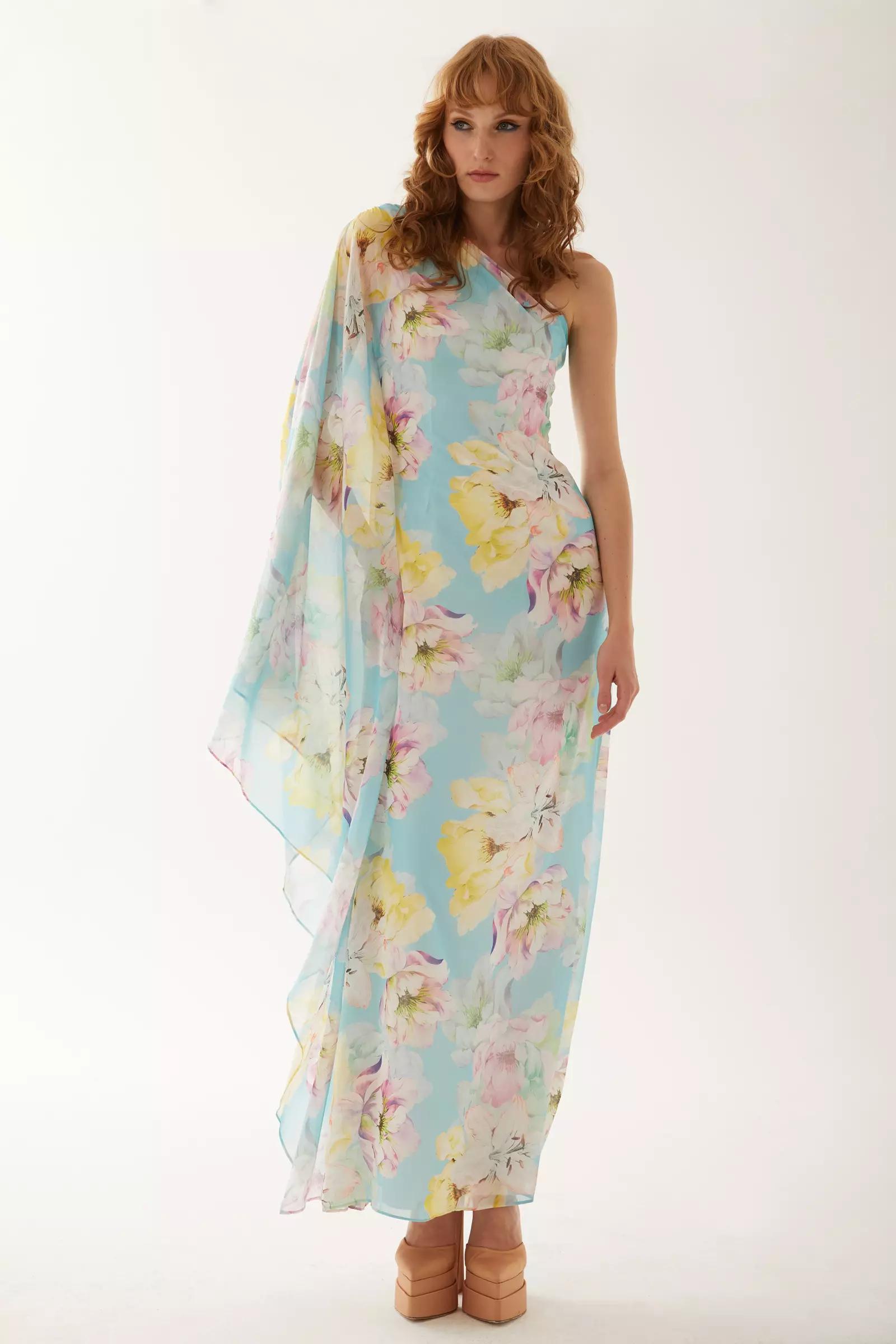 Printed sifon one arm maxi dress