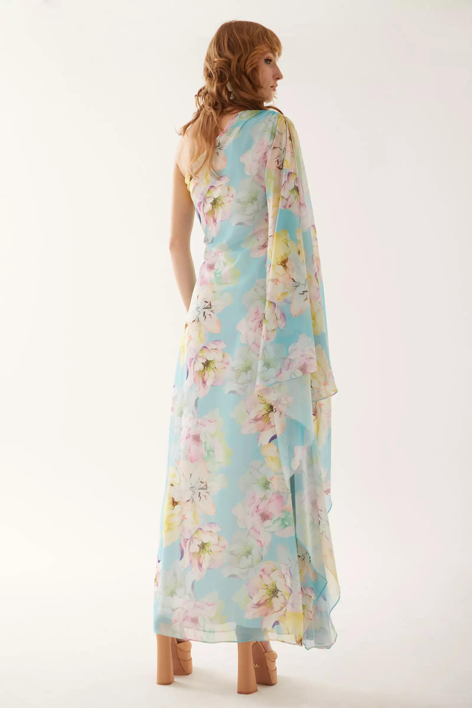 Printed sifon one arm maxi dress