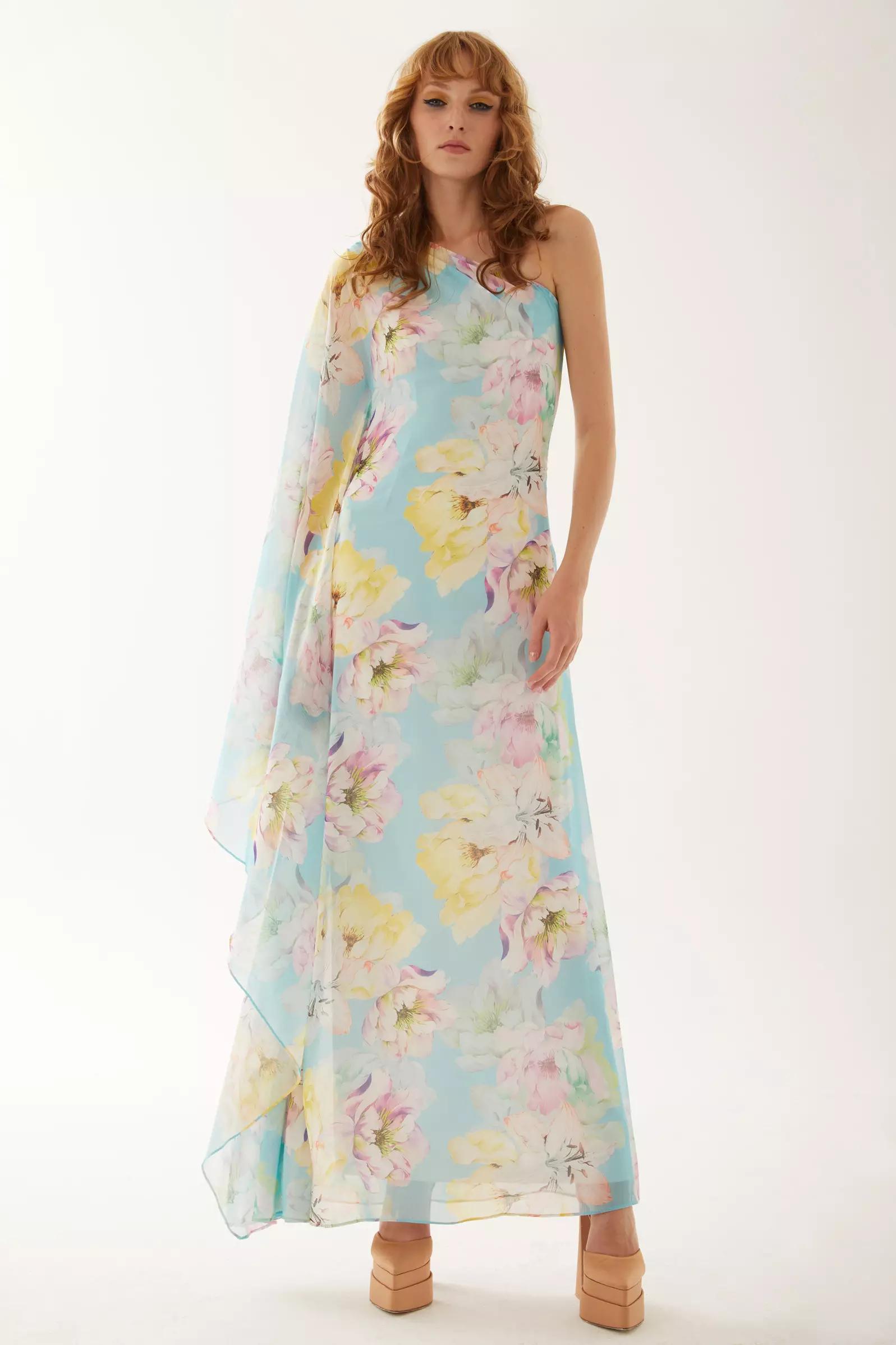 Printed sifon one arm maxi dress