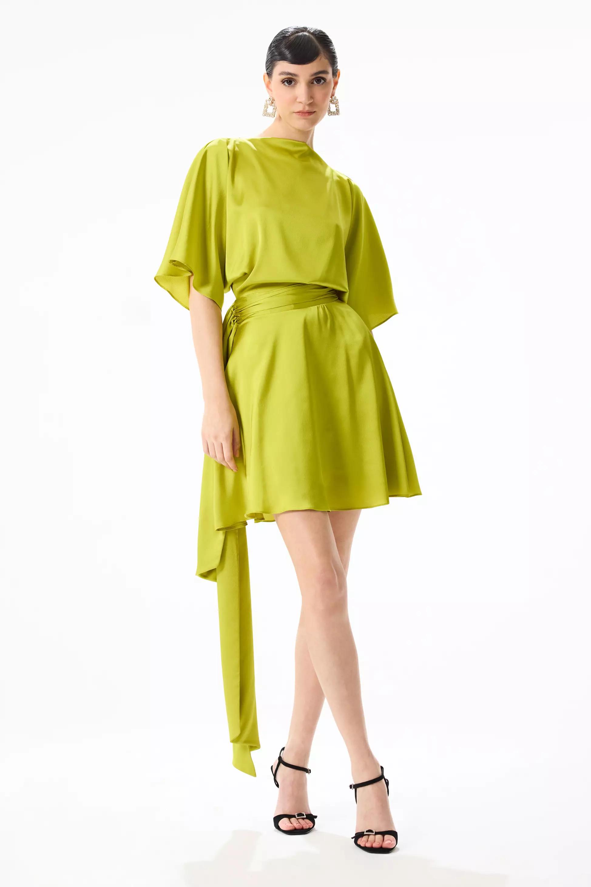 Pistachio green satin short sleeve mini dress