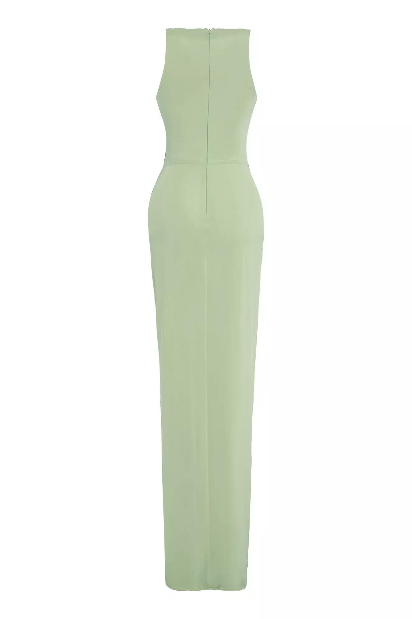 Green satin sleeveless long dress