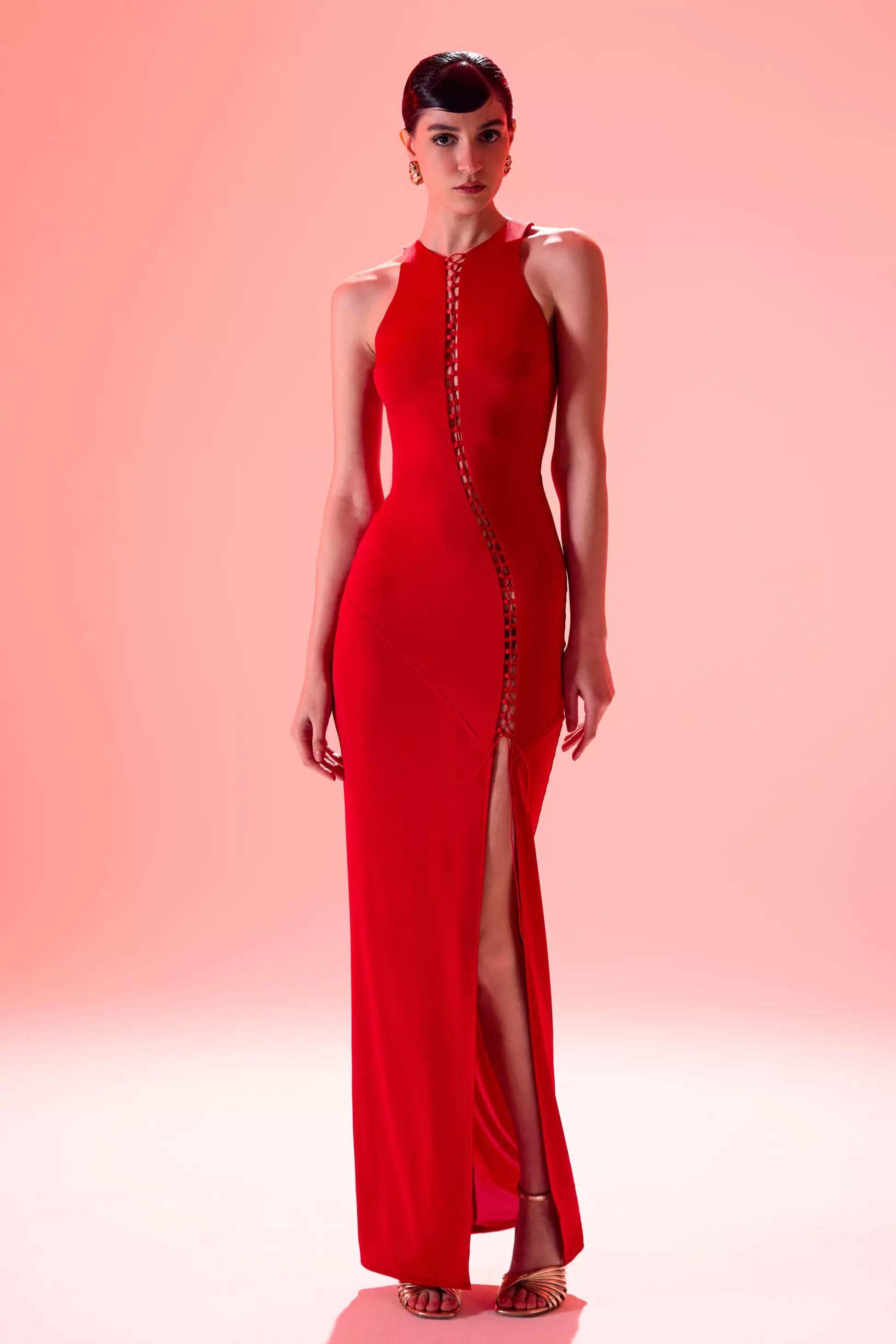 Red satin sleeveless long dress