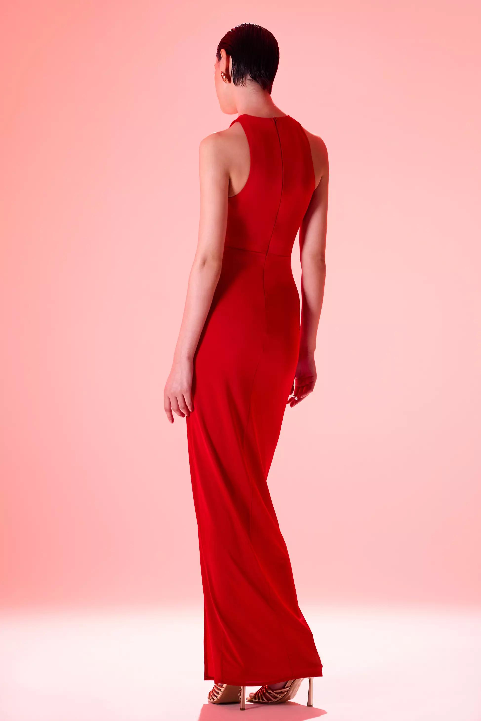 Red satin sleeveless long dress