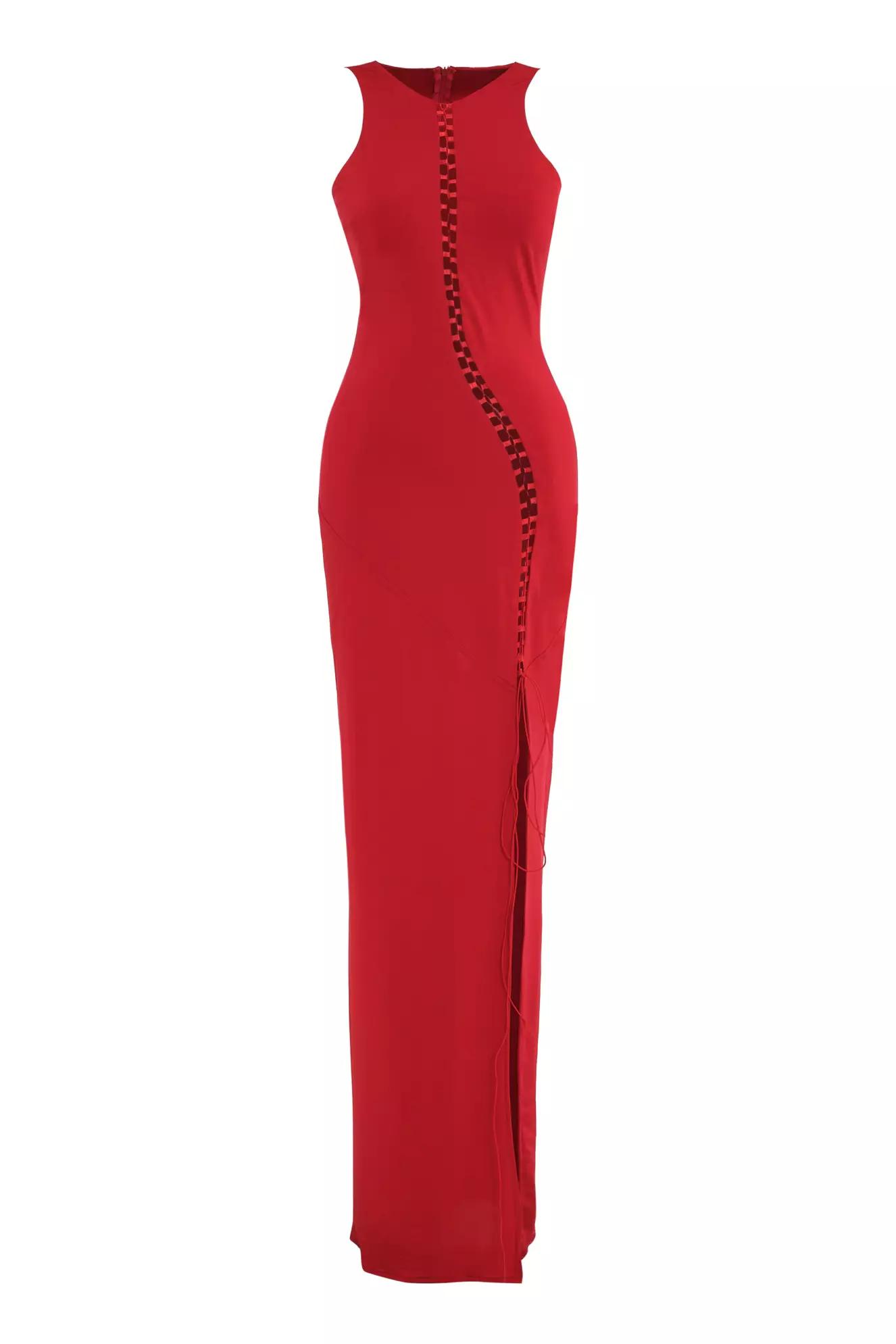 Red satin sleeveless long dress