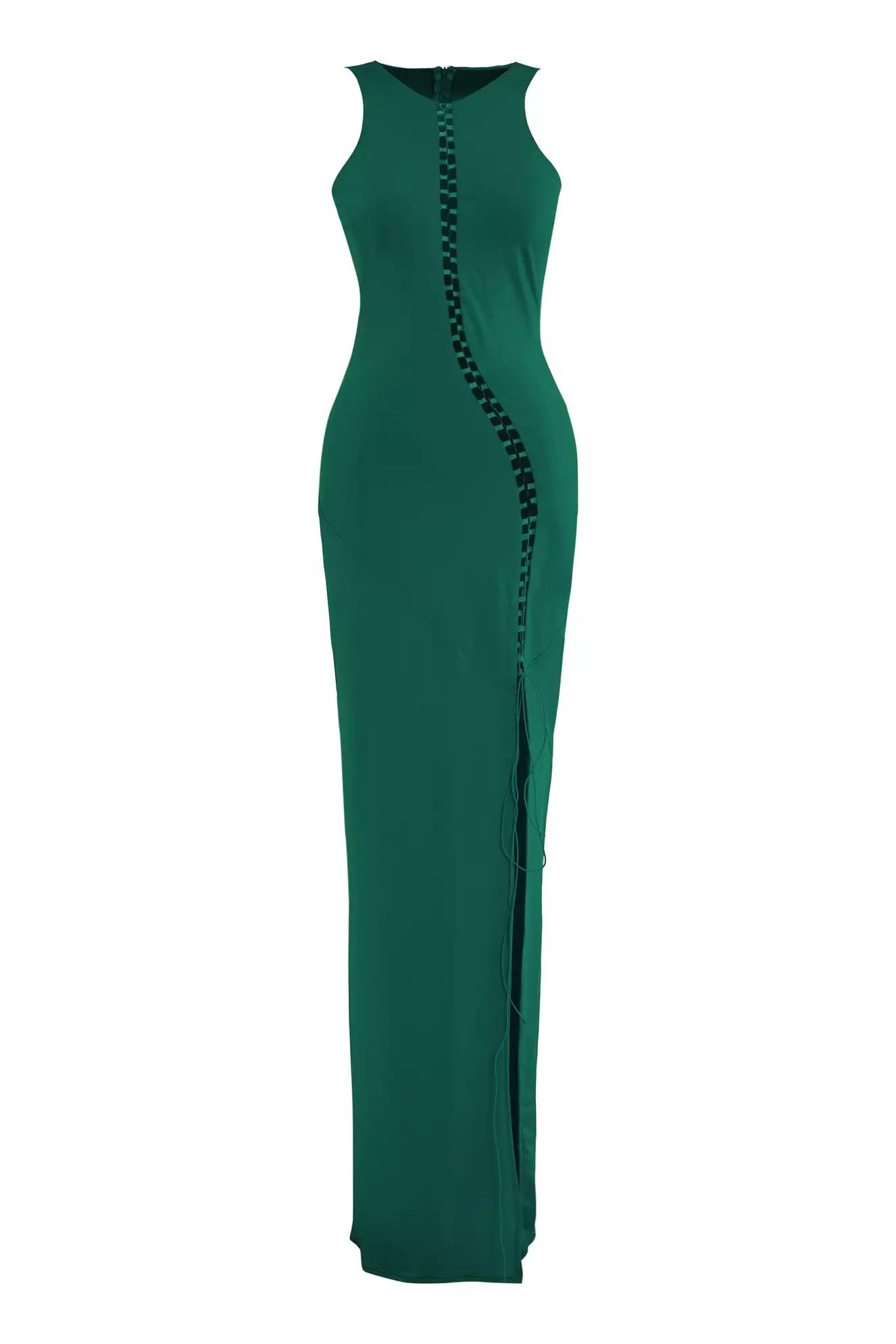 Green satin sleeveless long dress