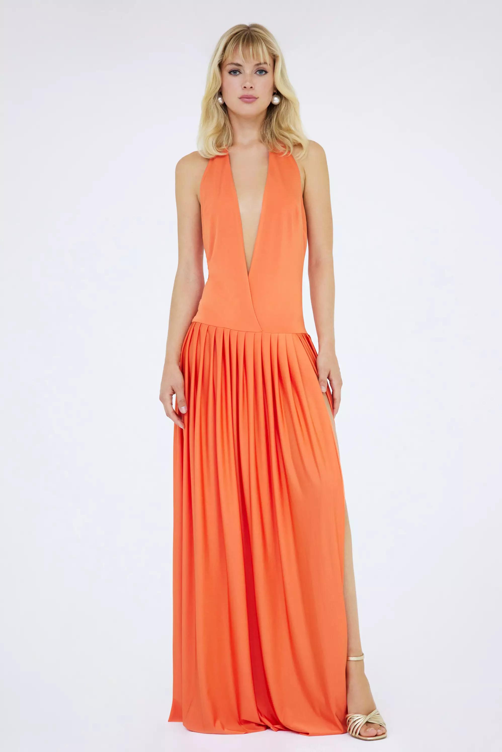 Orange knitted sleeveless long dress