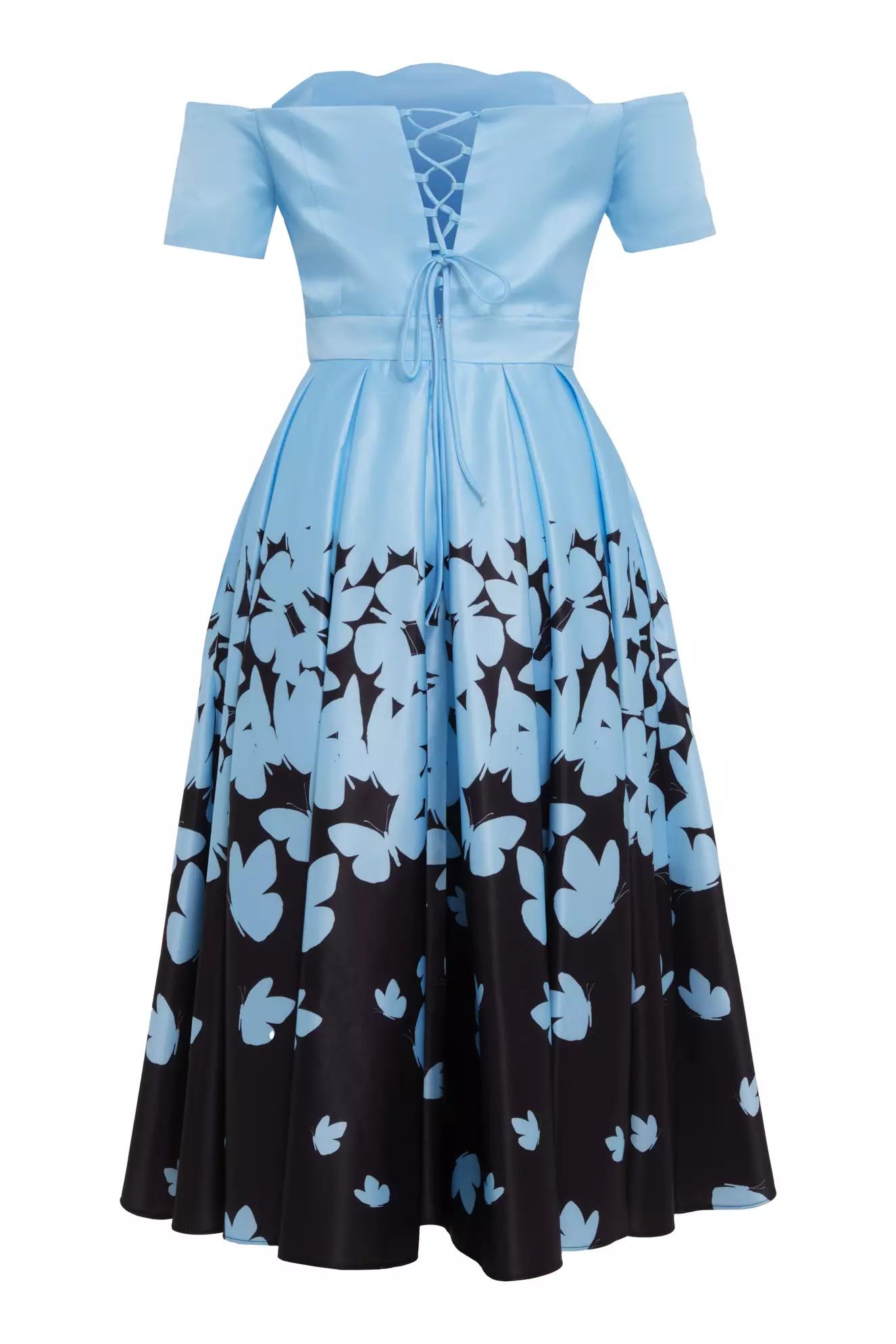 Blue satin short sleeve midi dress