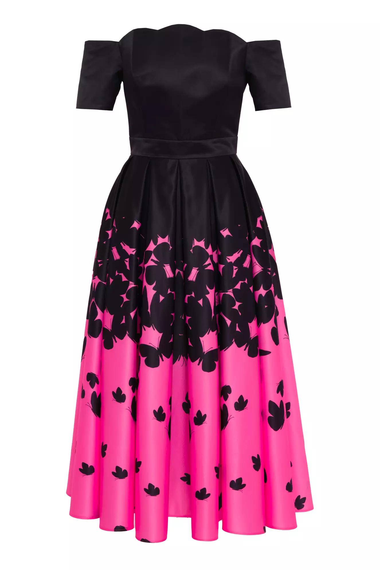 Fuchsia satin short sleeve midi dress