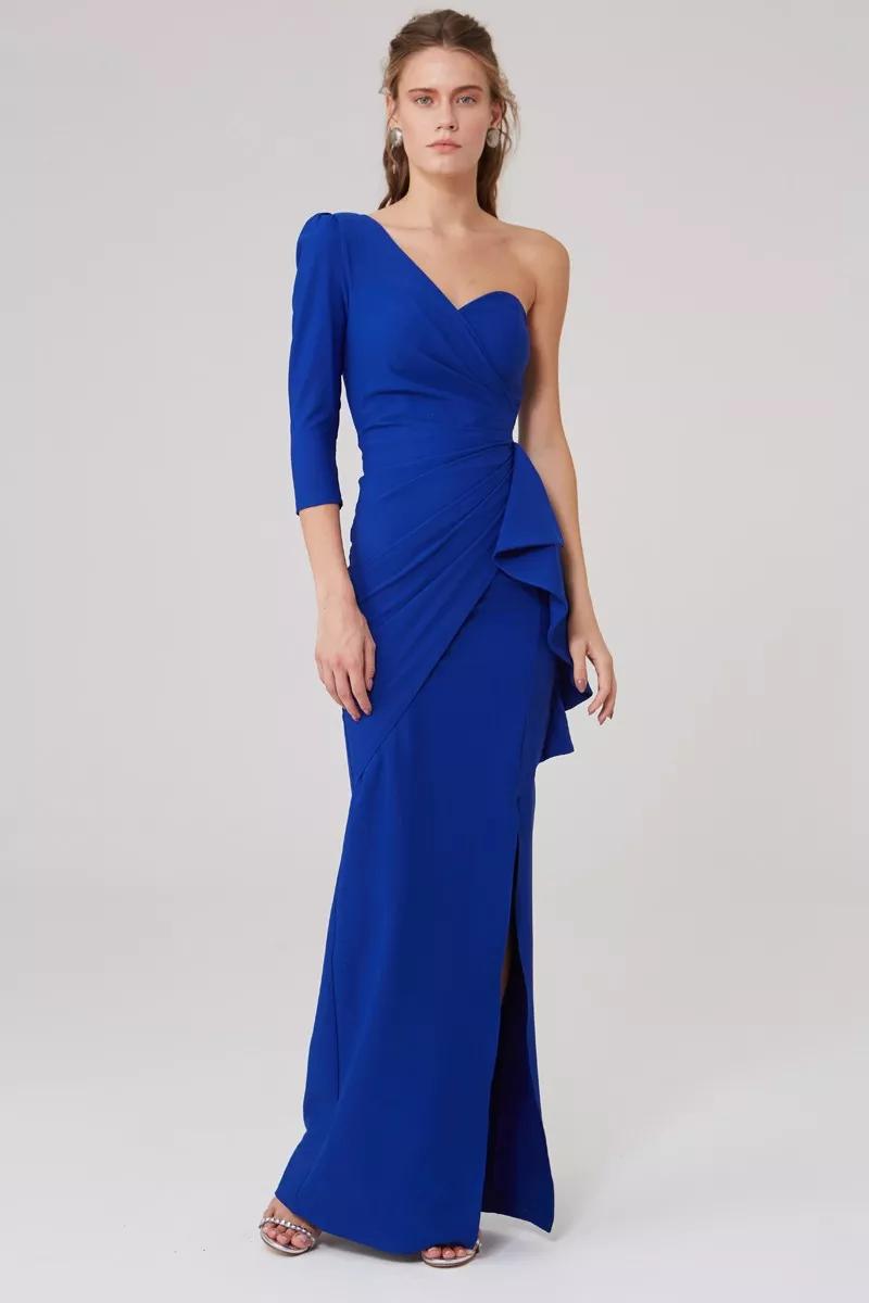 Blue crepe one arm maxi dress