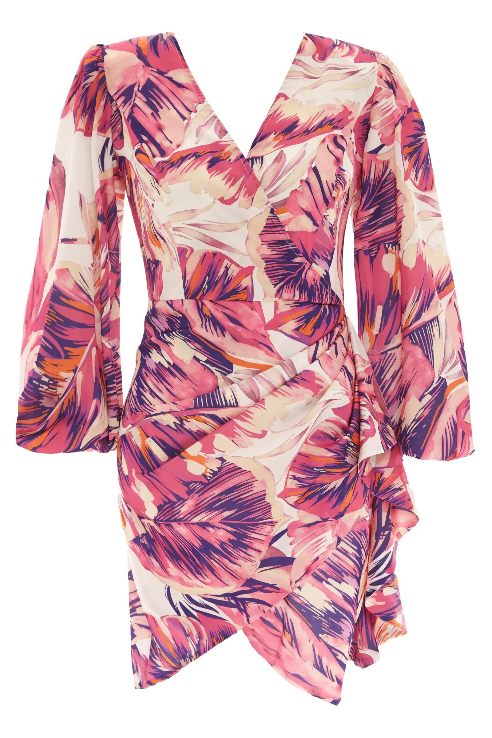 Printed satin long sleeve mini dress