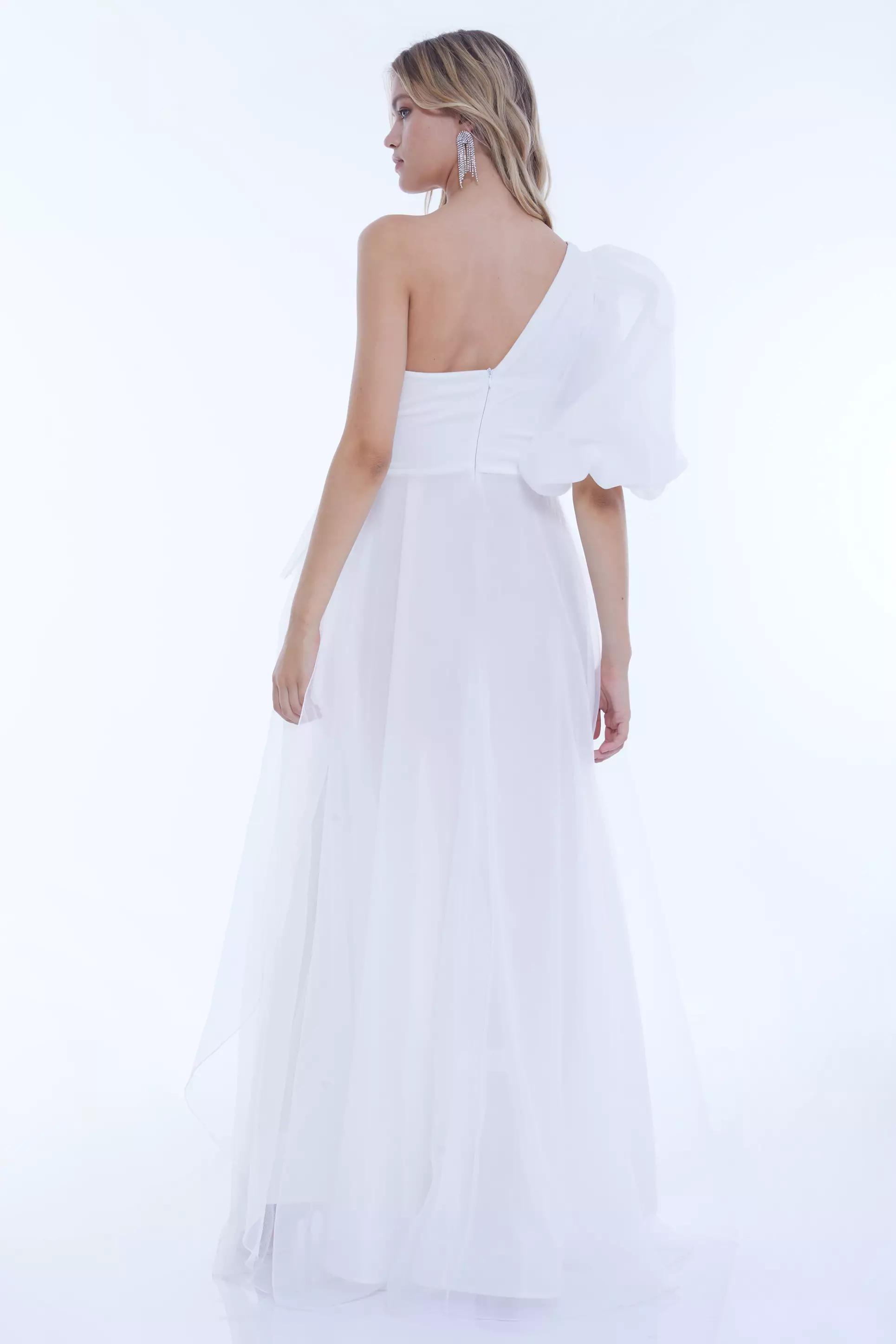 White tulle one arm maxi dress