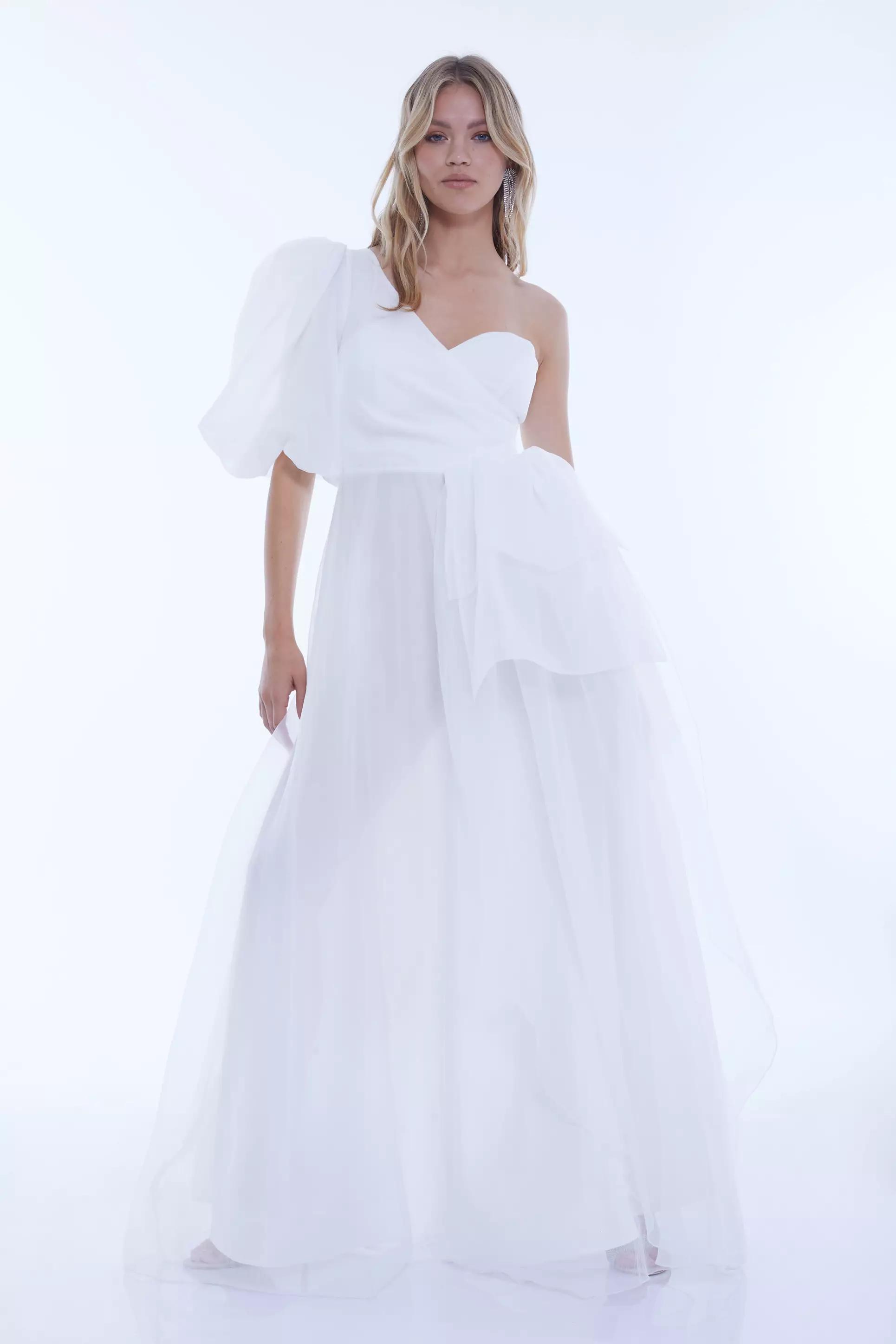 White tulle one arm maxi dress