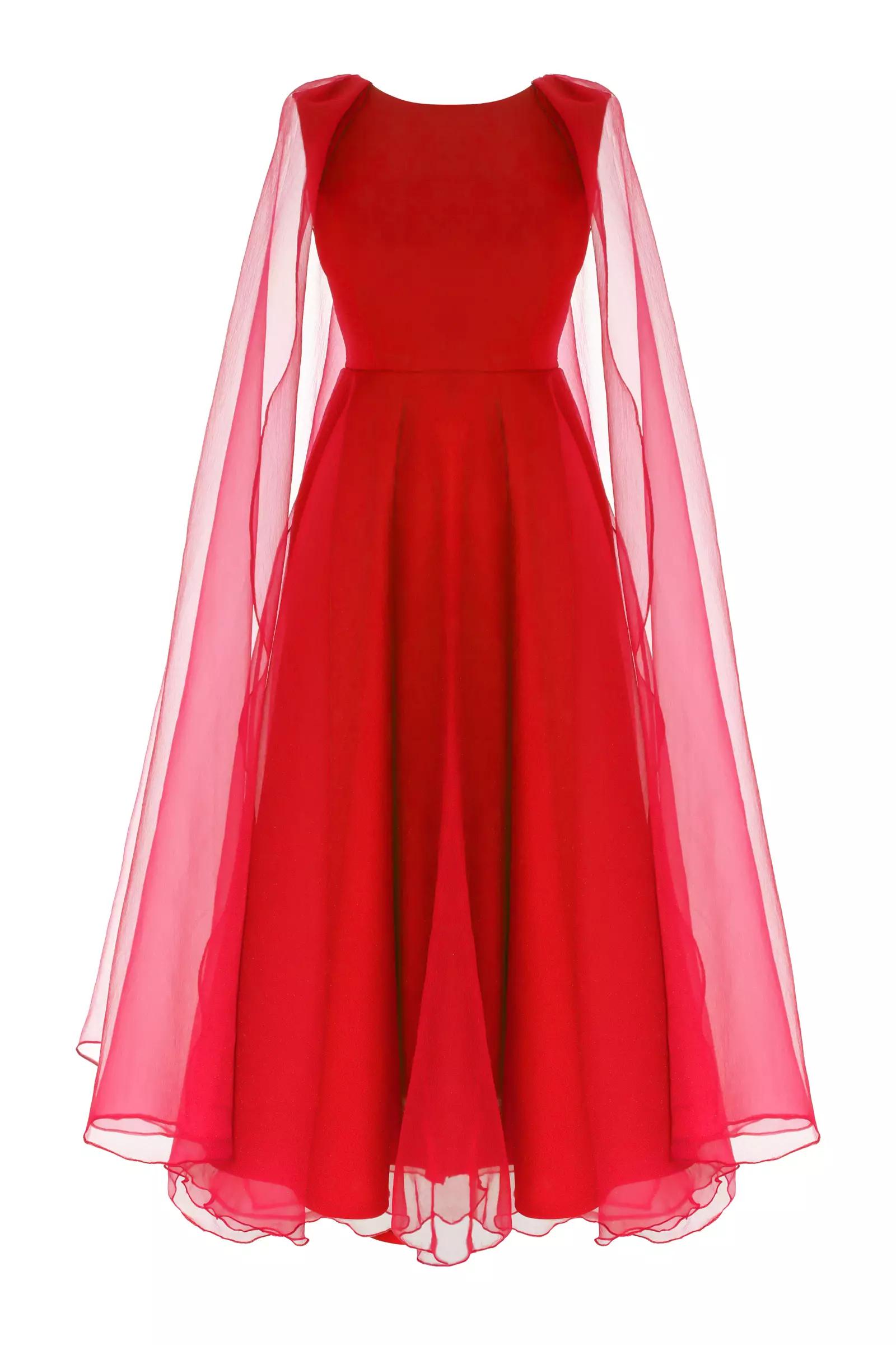 Red tulle long sleeve maxi dress