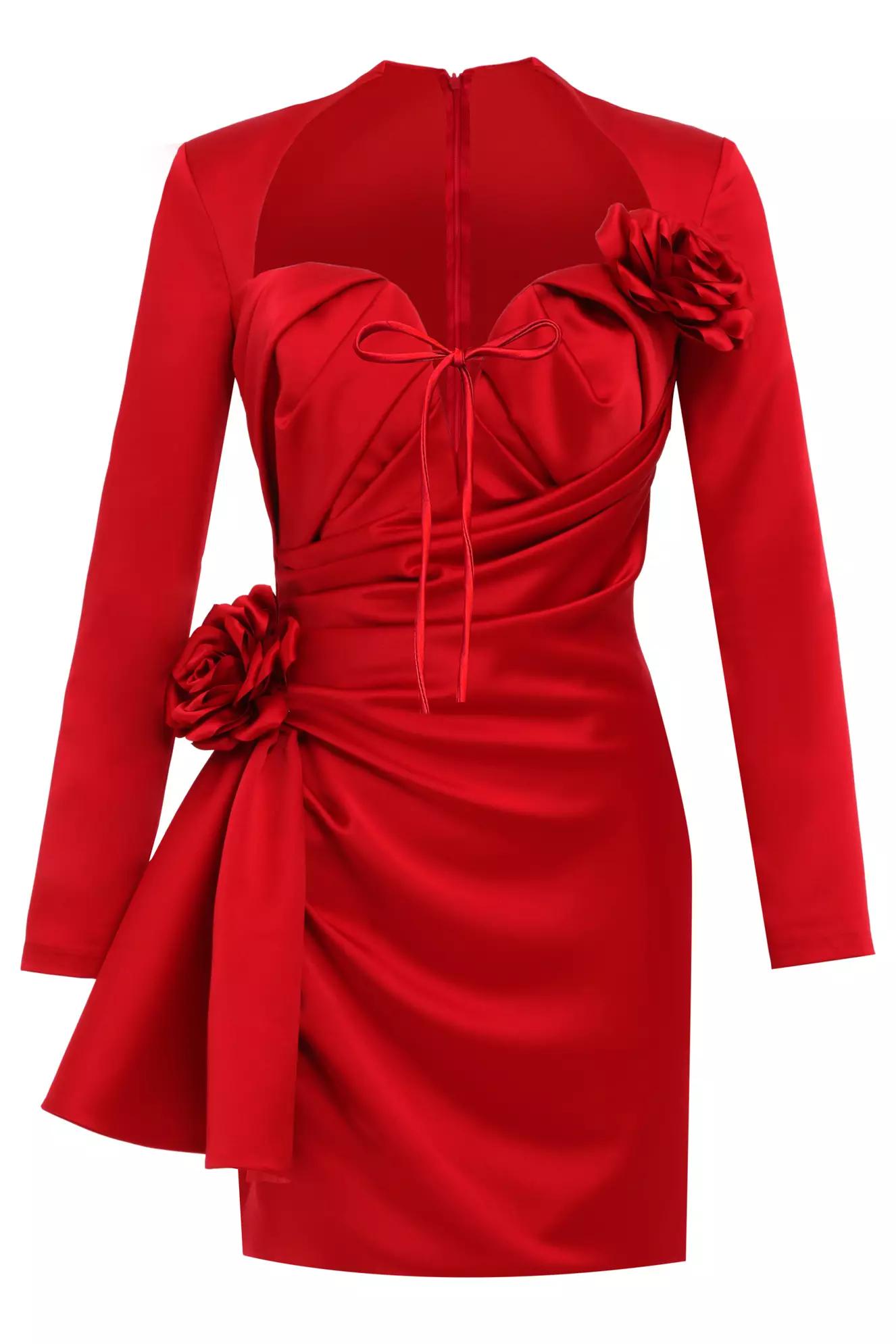 Red satin long sleeve mini dress