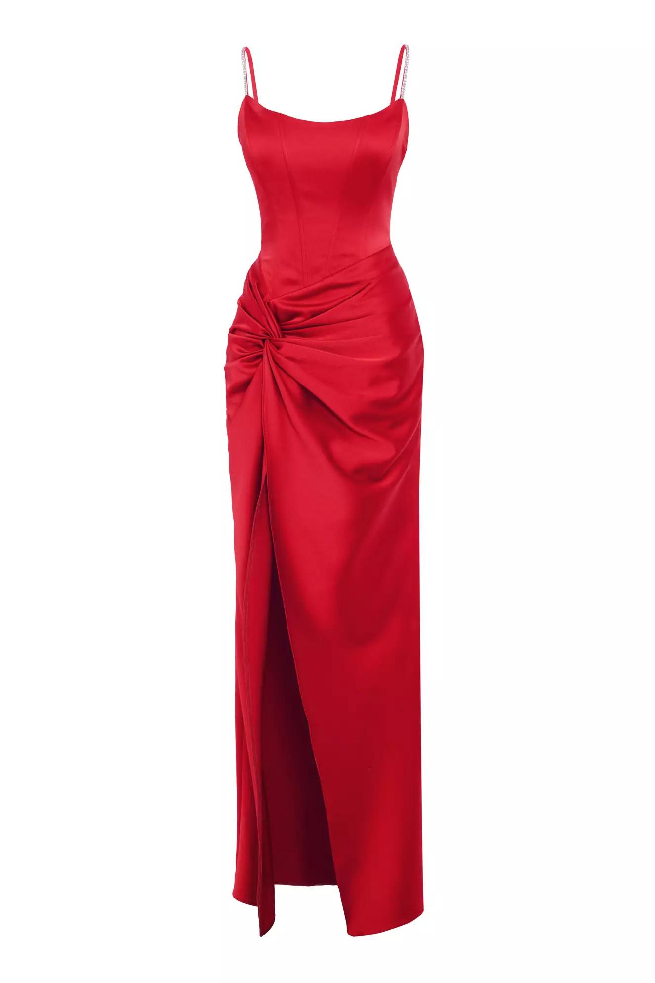 Red satin sleeveless long dress