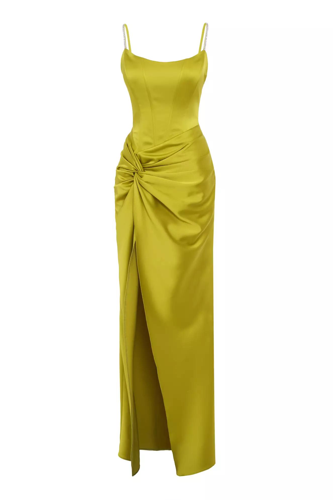 Pistachio green satin sleeveless long dress