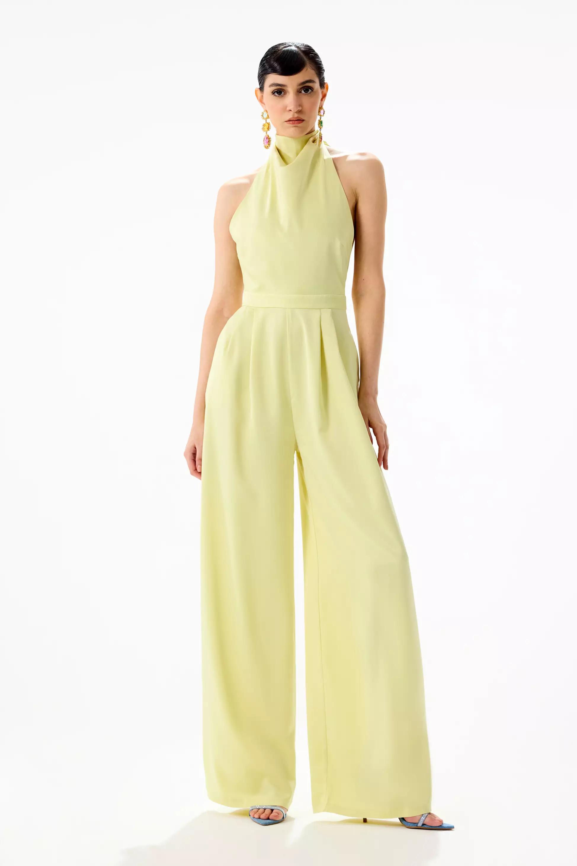 Yellow satin sleeveless long suit