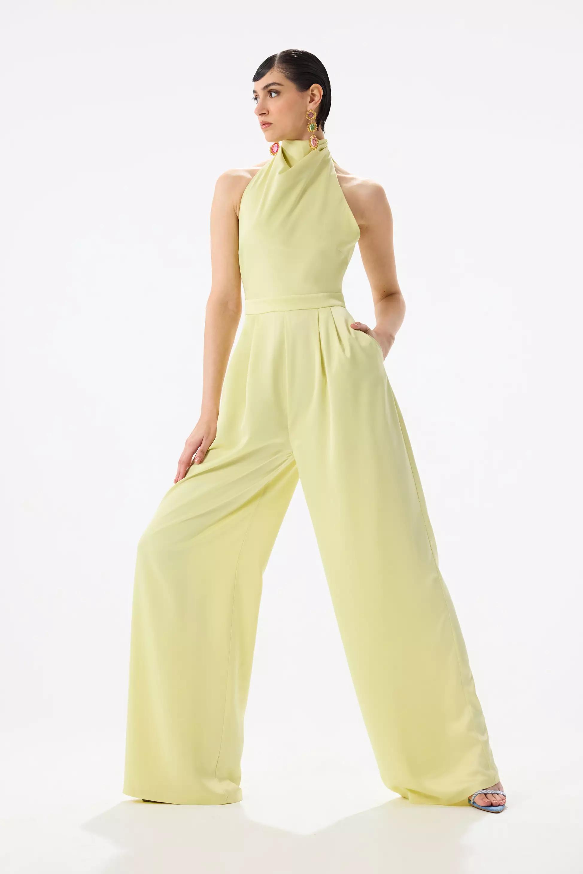 Yellow satin sleeveless long suit