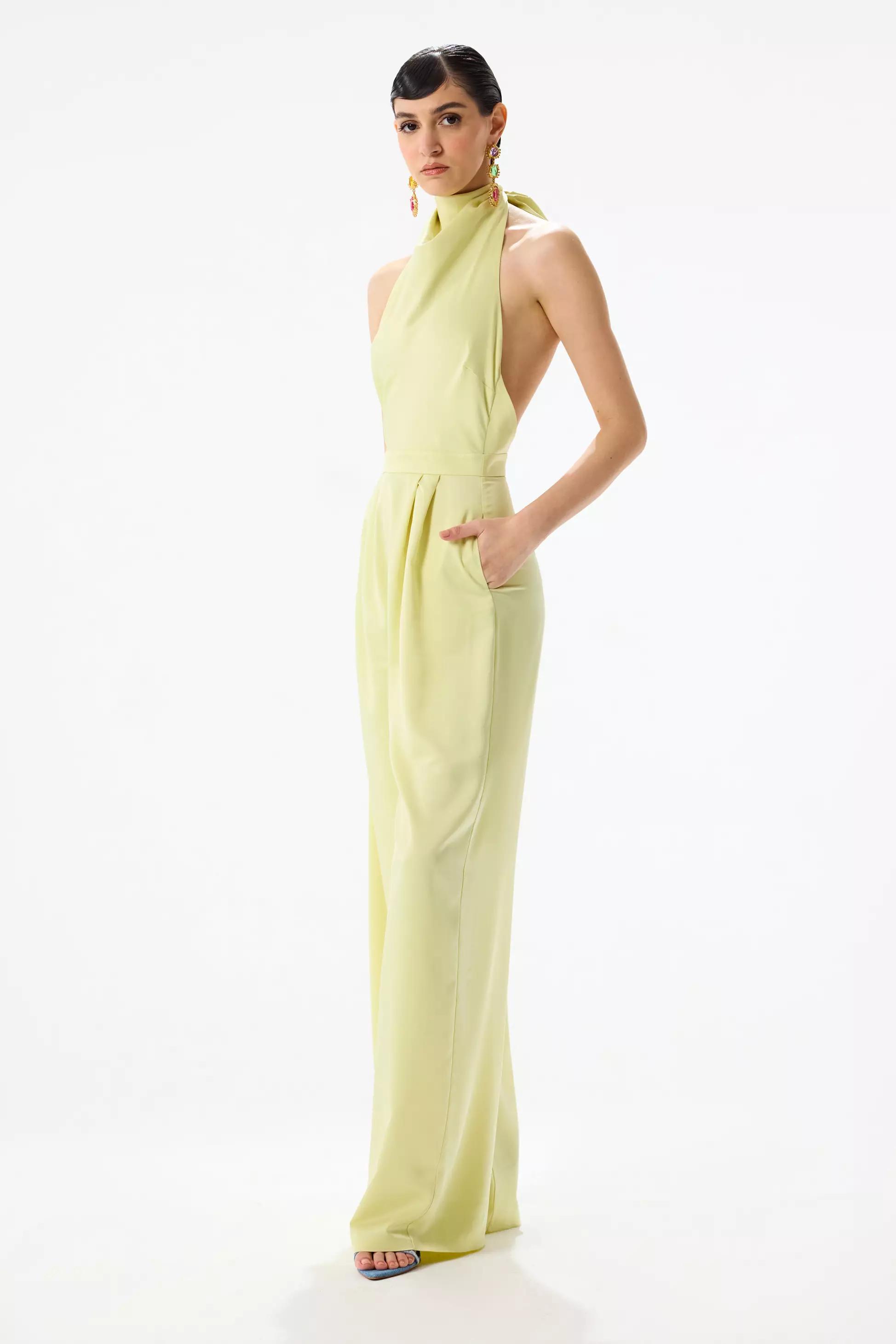 Yellow satin sleeveless long suit