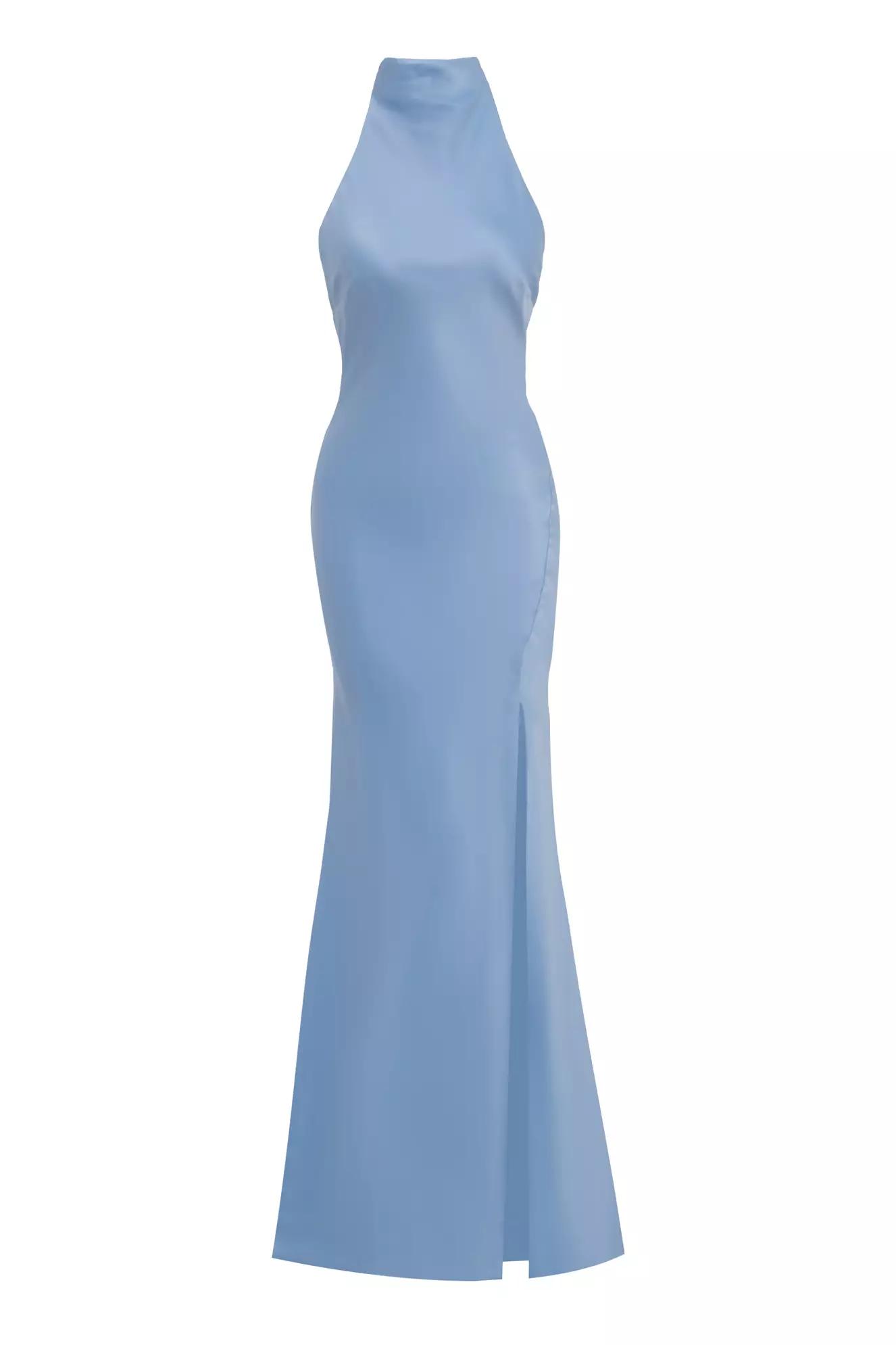 Blue satin sleeveless long dress