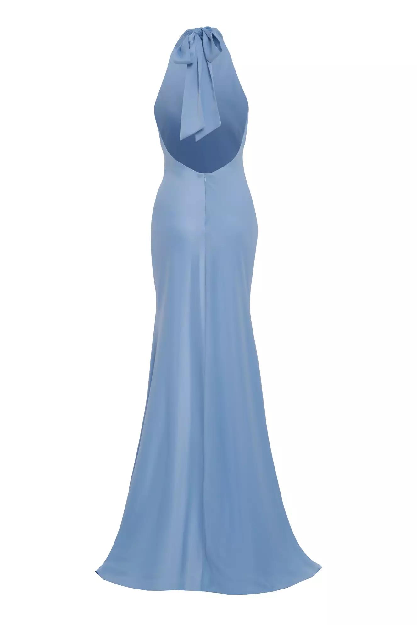 Blue satin sleeveless long dress