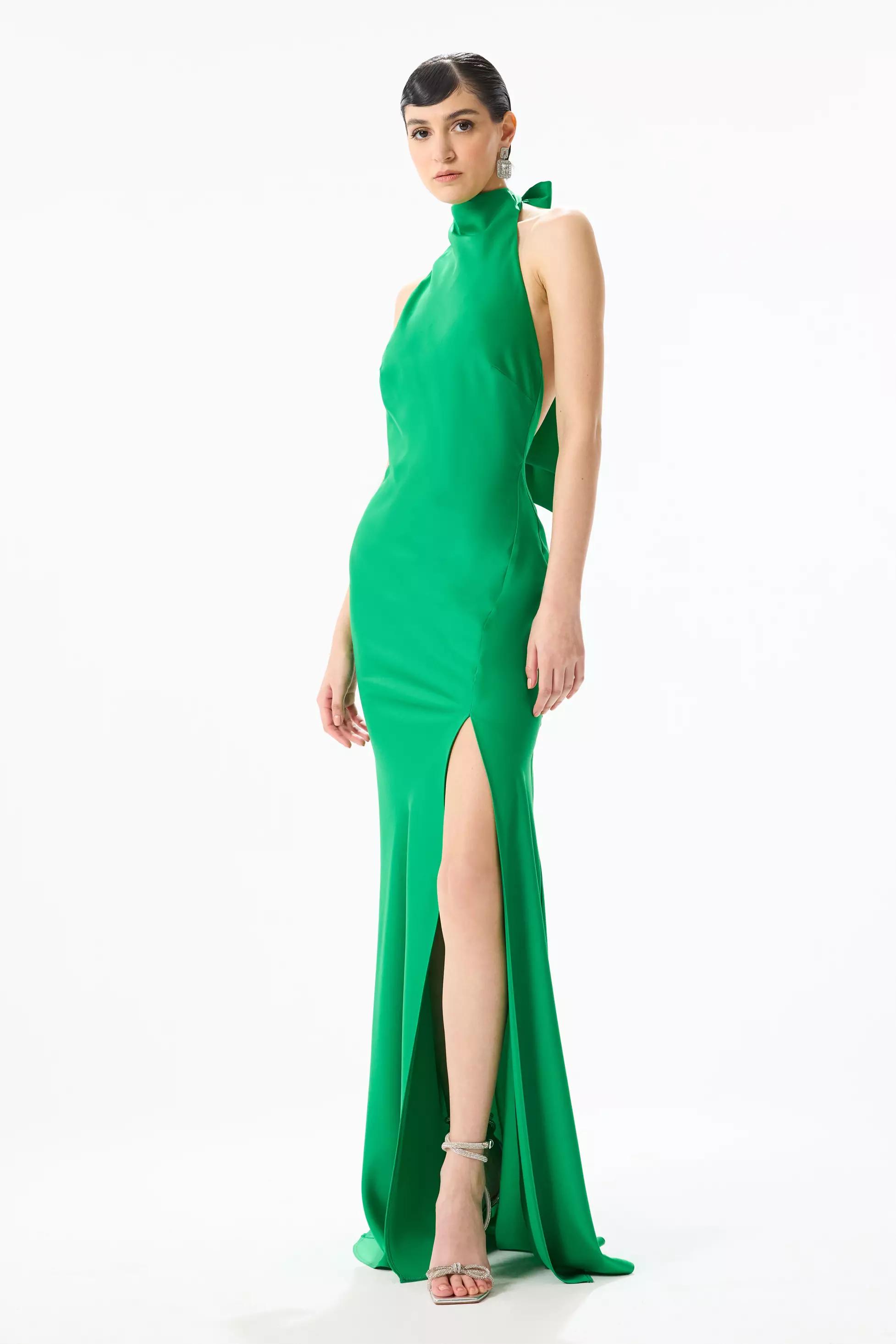 Green satin sleeveless long dress