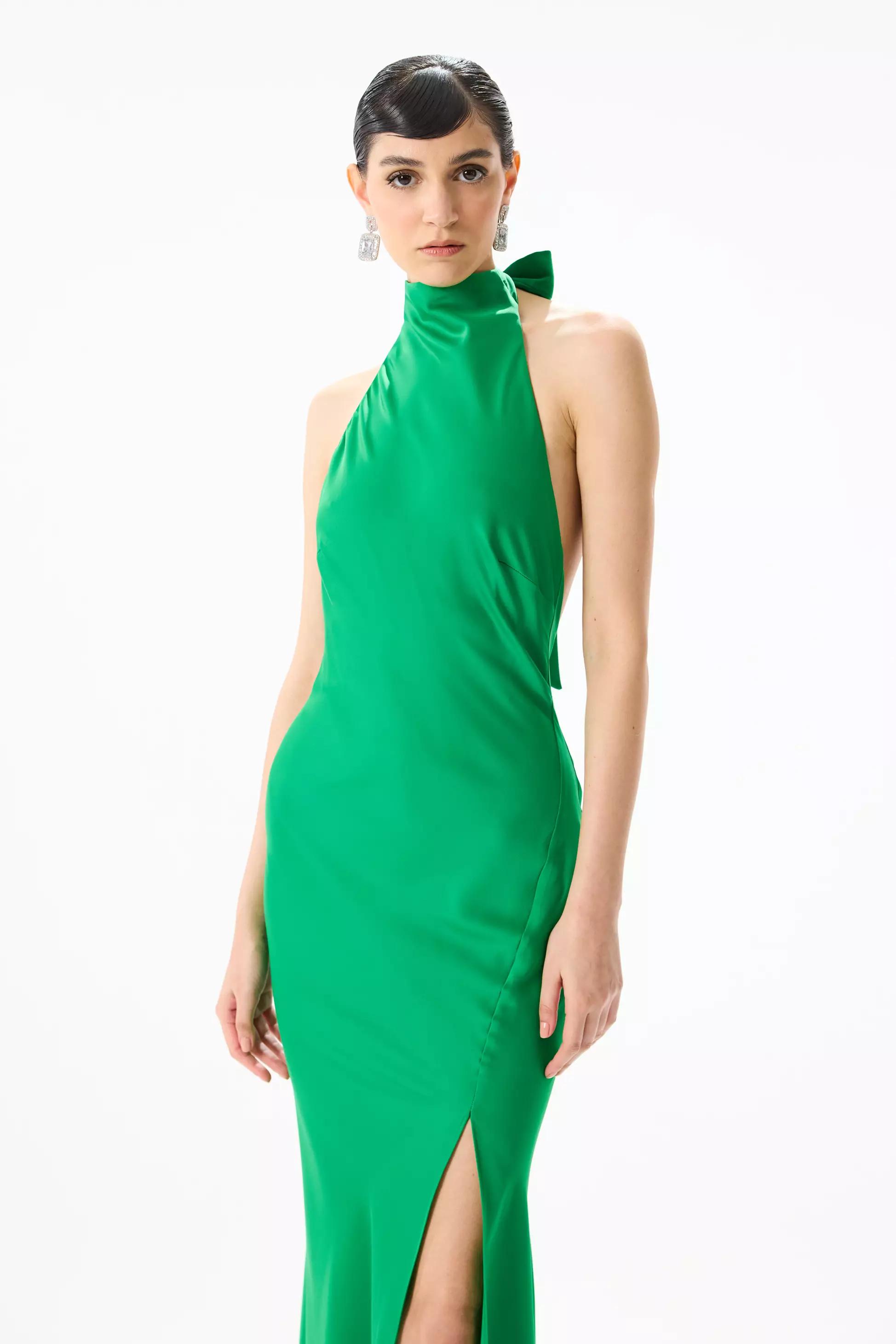 Green satin sleeveless long dress